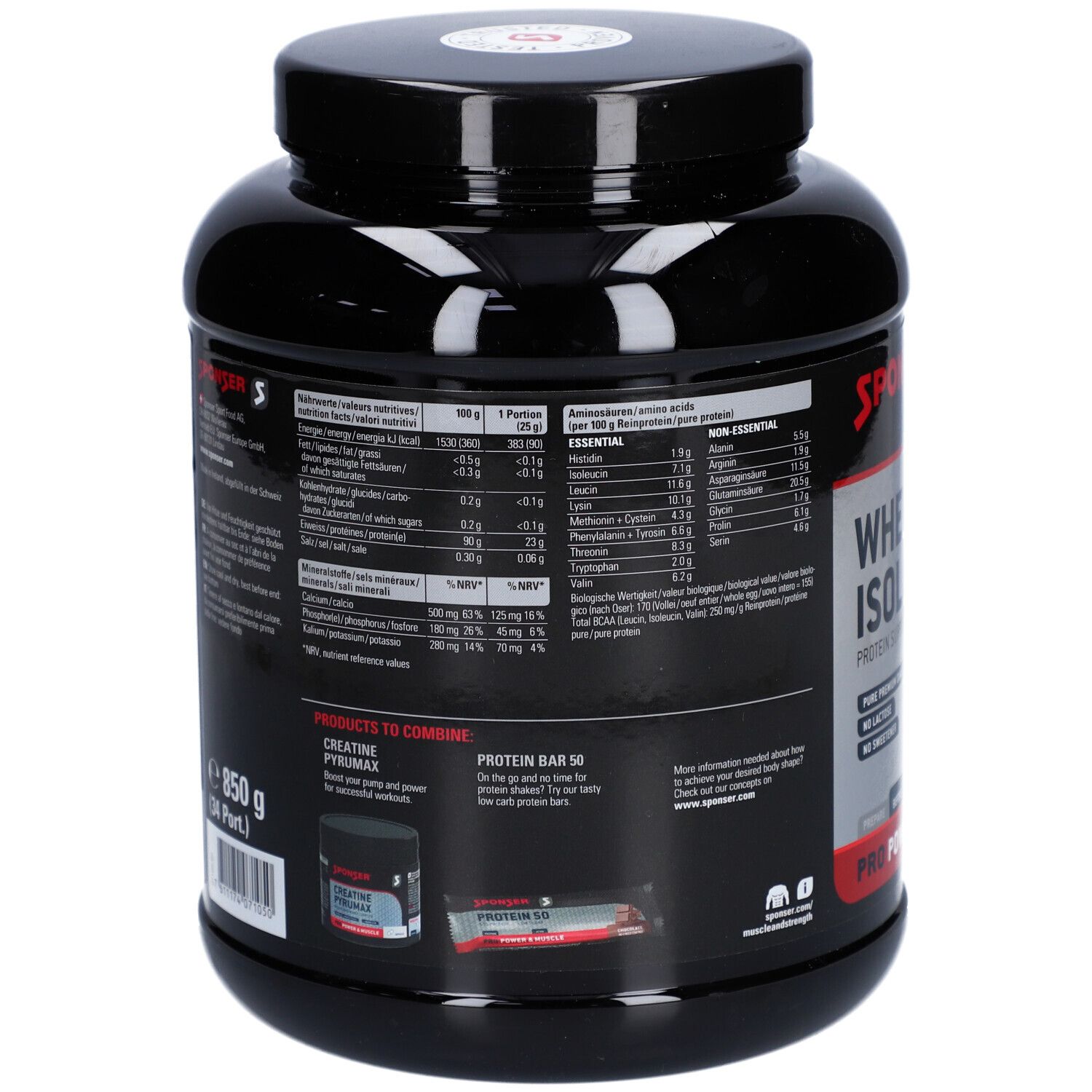 Dos du pot noir avec informations nutritionnelles et profil d'acides aminés. Contient Protein Bar 50.