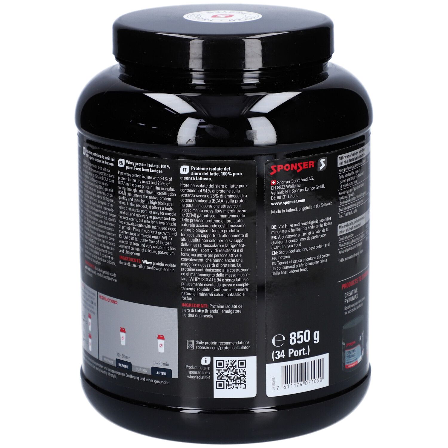 Dos du pot noir avec texte multilingue. Informations sur Whey Isolate 94 et ingrédients.