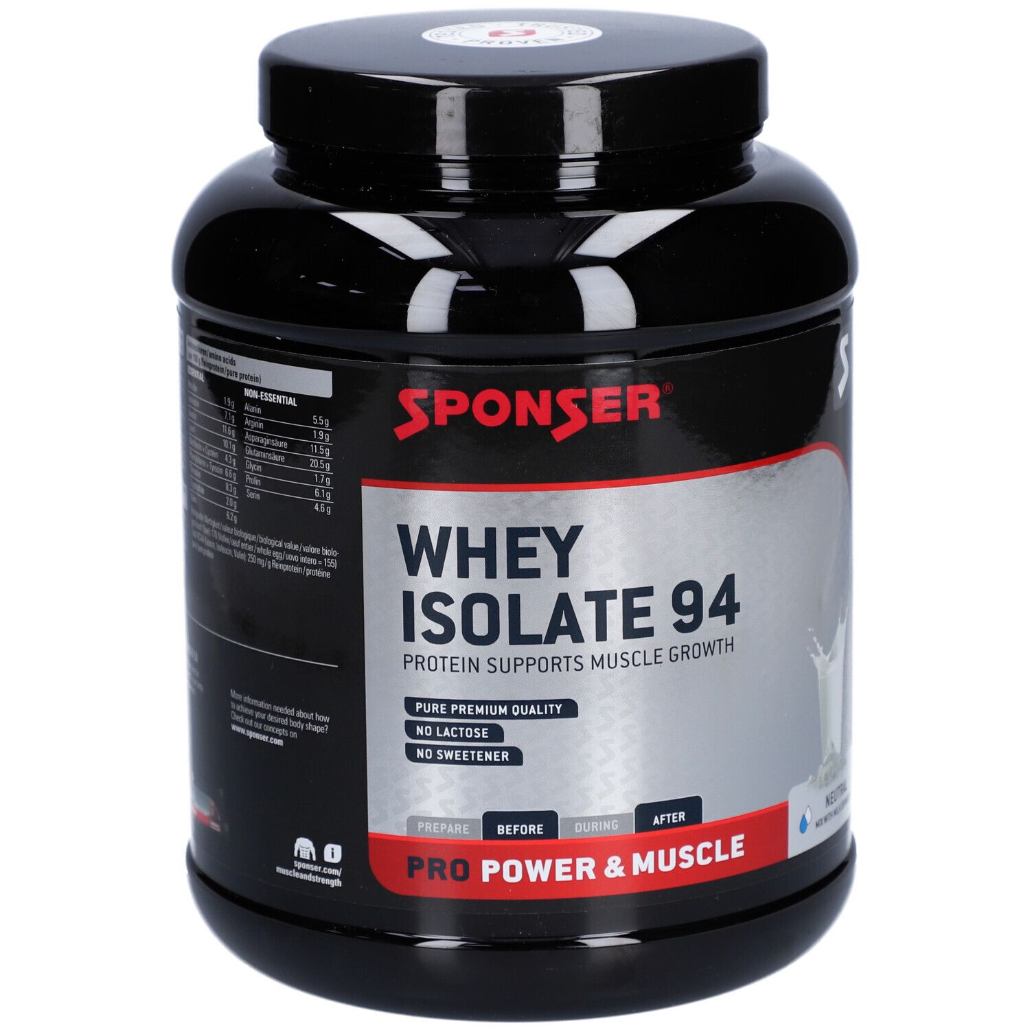 Pot noir SPONSER Whey Isolate 94. Informations sur la croissance musculaire et les ingrédients.