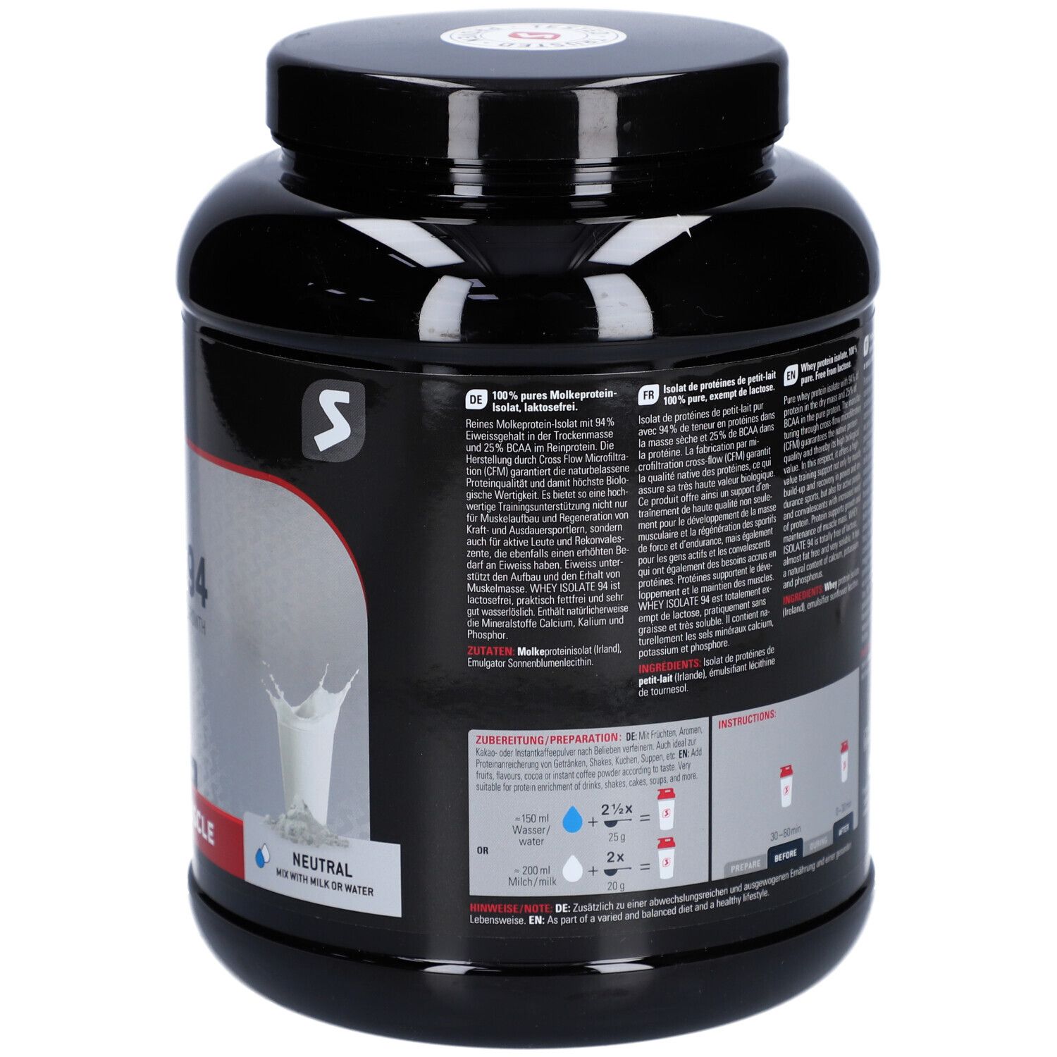 Dos du pot noir avec texte multilingue. Informations sur Whey Isolate 94 et ingrédients.