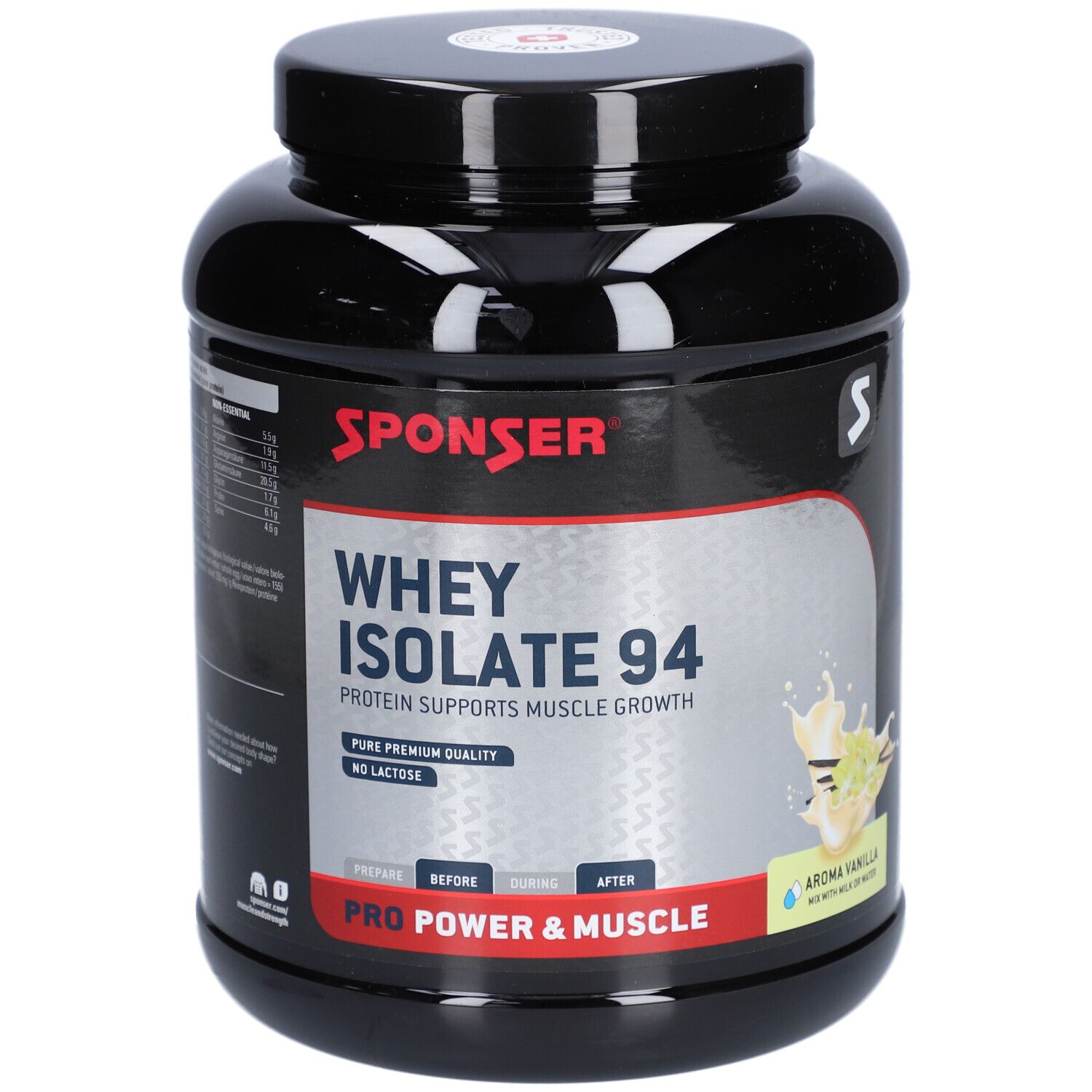 Pot noir SPONSER Whey Isolate 94. Texte: Protéines pour la croissance musculaire. Arôme vanille. Sans lactose.