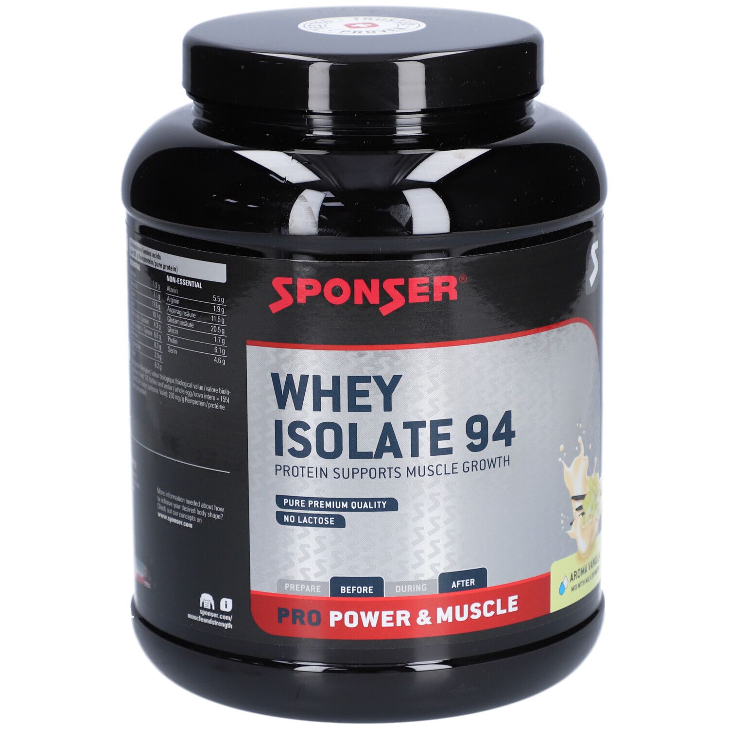 Pot noir SPONSER Whey Isolate 94. Texte: Protéines pour la croissance musculaire. Arôme vanille. Sans lactose.