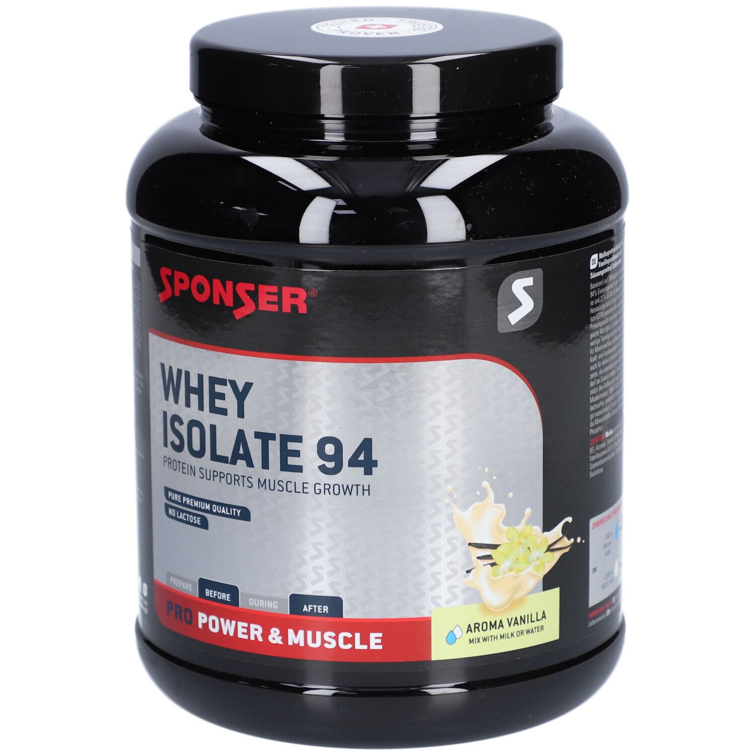 Pot noir SPONSER Whey Isolate 94. Texte: Protéines pour la croissance musculaire. Arôme vanille. Sans lactose.