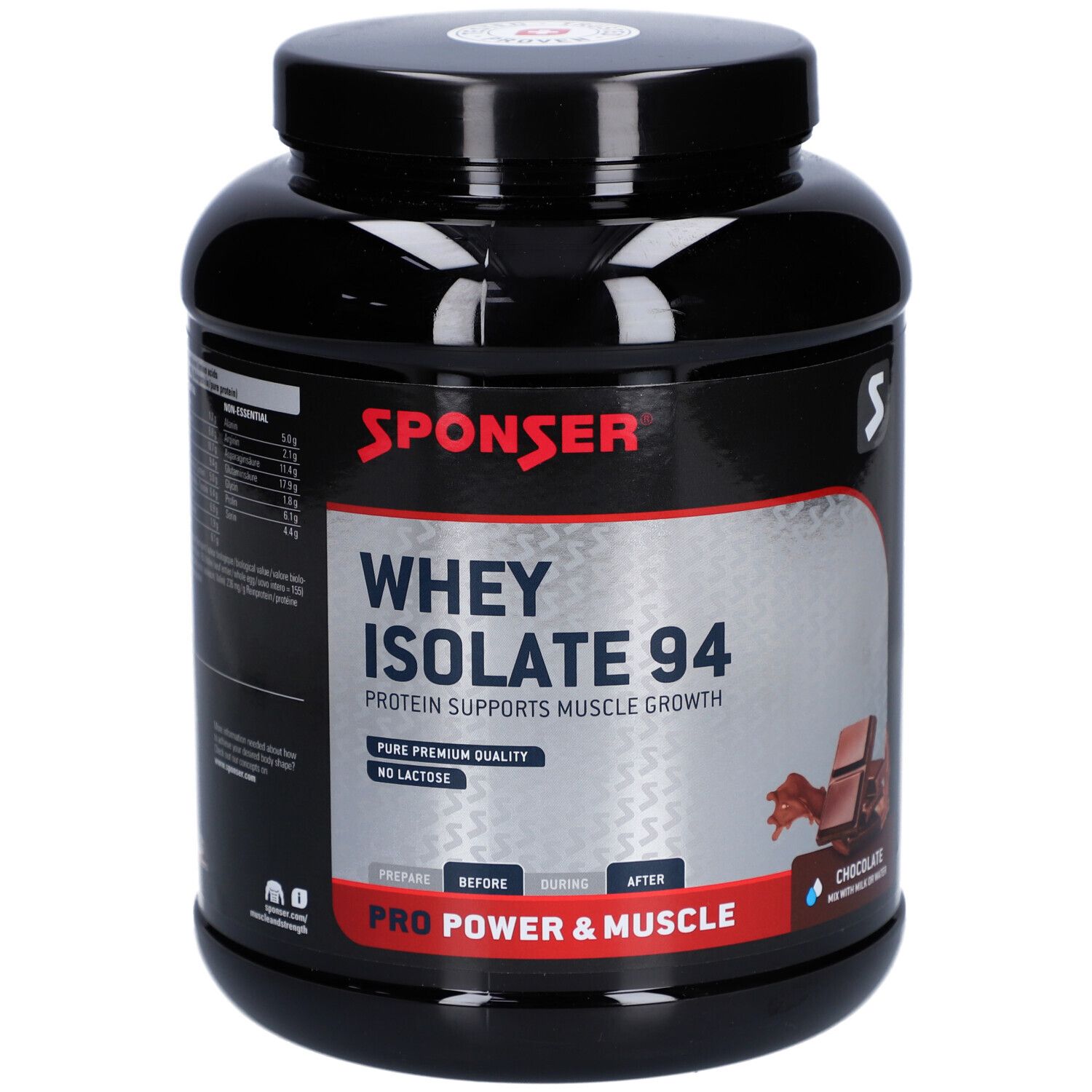 Pot noir SPONSER Whey Isolate 94. Texte: Protéines pour la croissance musculaire. Illustration de chocolat.