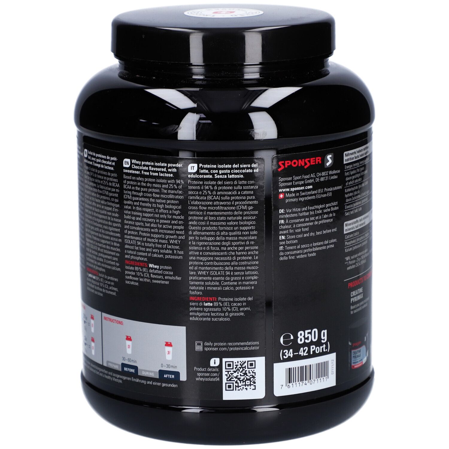 Dos du pot noir. Contient informations produit, instructions de préparation et code QR.