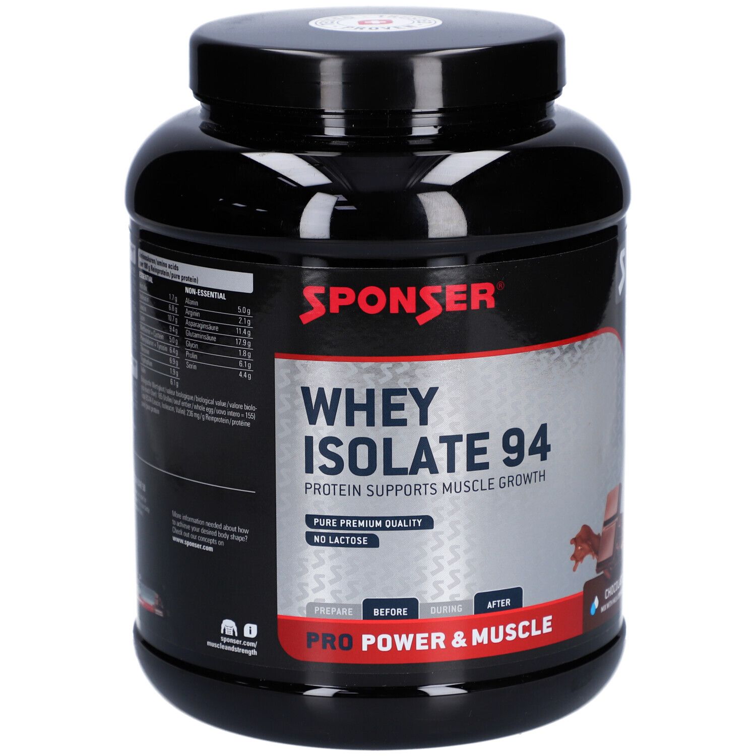 Pot noir SPONSER Whey Isolate 94. Texte: Protéines pour la croissance musculaire. Illustration de chocolat.