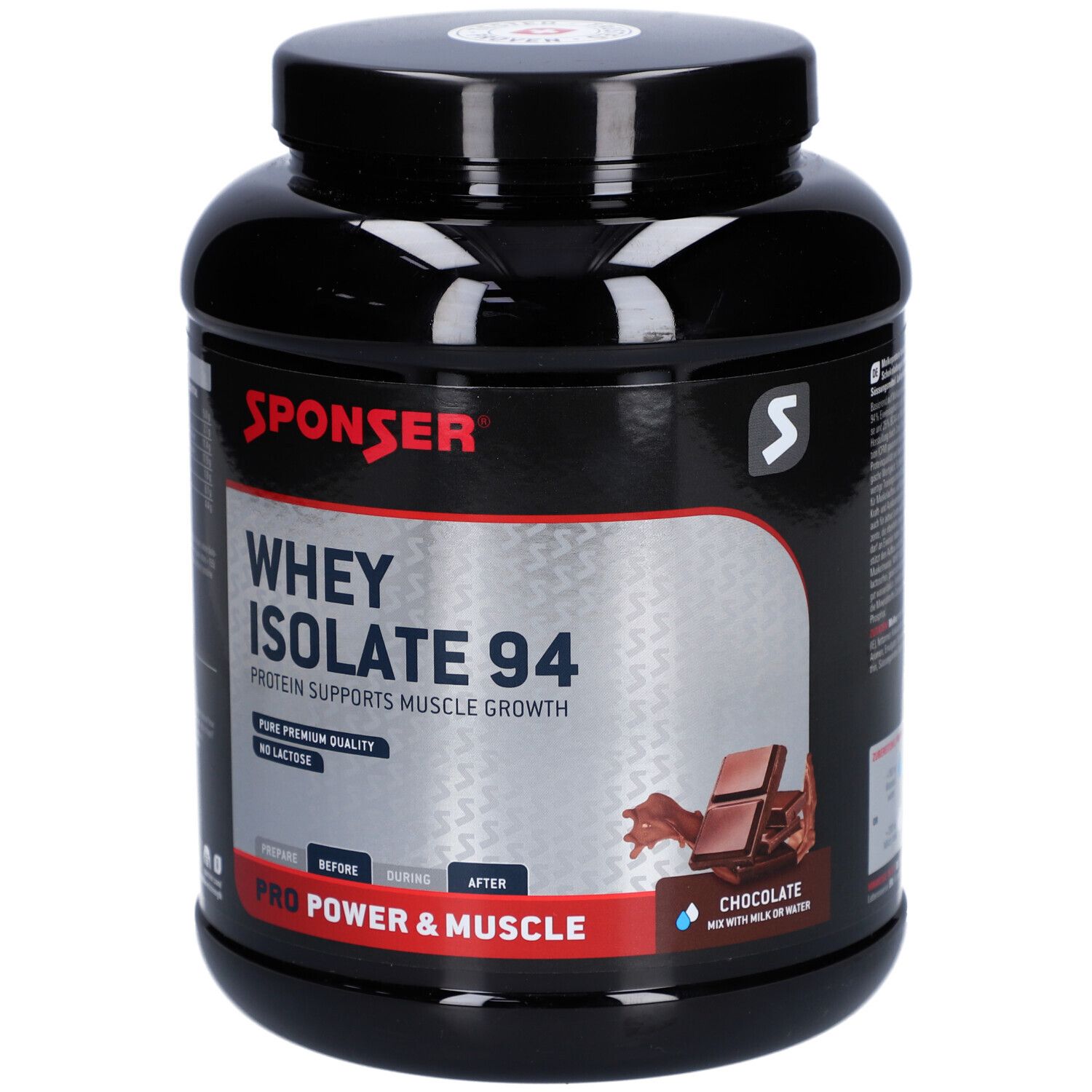 Pot noir SPONSER Whey Isolate 94. Texte: Protéines pour la croissance musculaire. Illustration de chocolat.