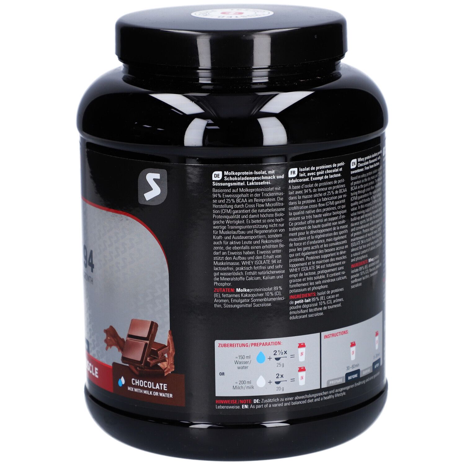 Dos du pot noir. Contient informations produit, instructions de préparation et illustration de chocolat.