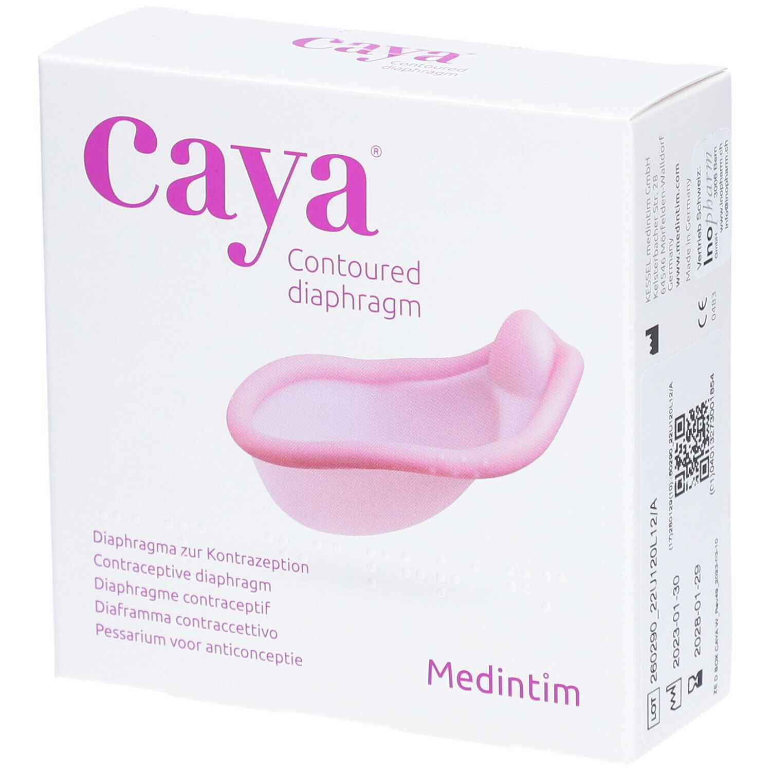 Boîte blanche avec diaphragme Caya® rose. Texte: Contoured diaphragm, Diaphragme contraceptif, Medintim.