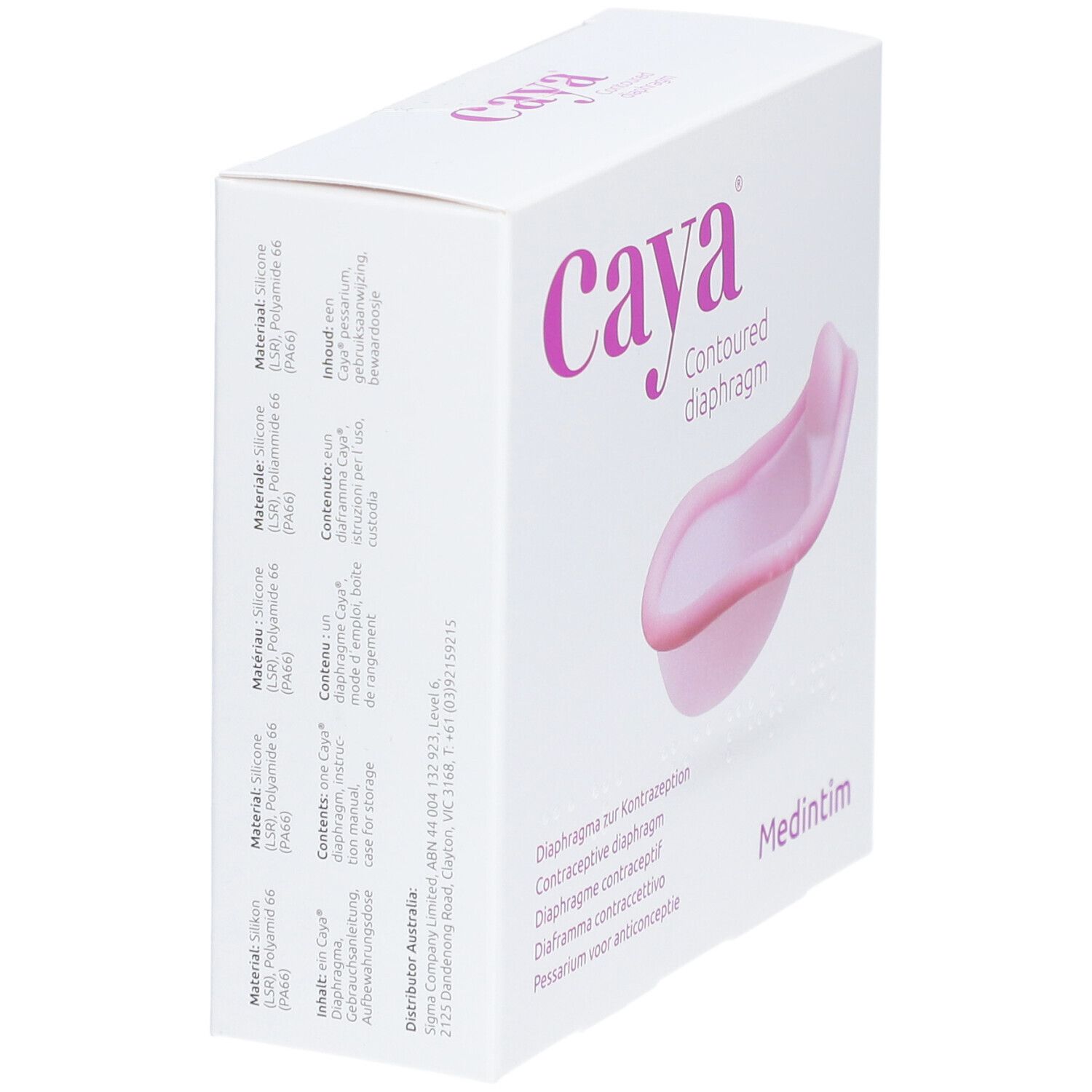 Boîte blanche avec diaphragme Caya® rose. Inscriptions: Caya, Contoured diaphragm, Medintim. Côtés avec texte.