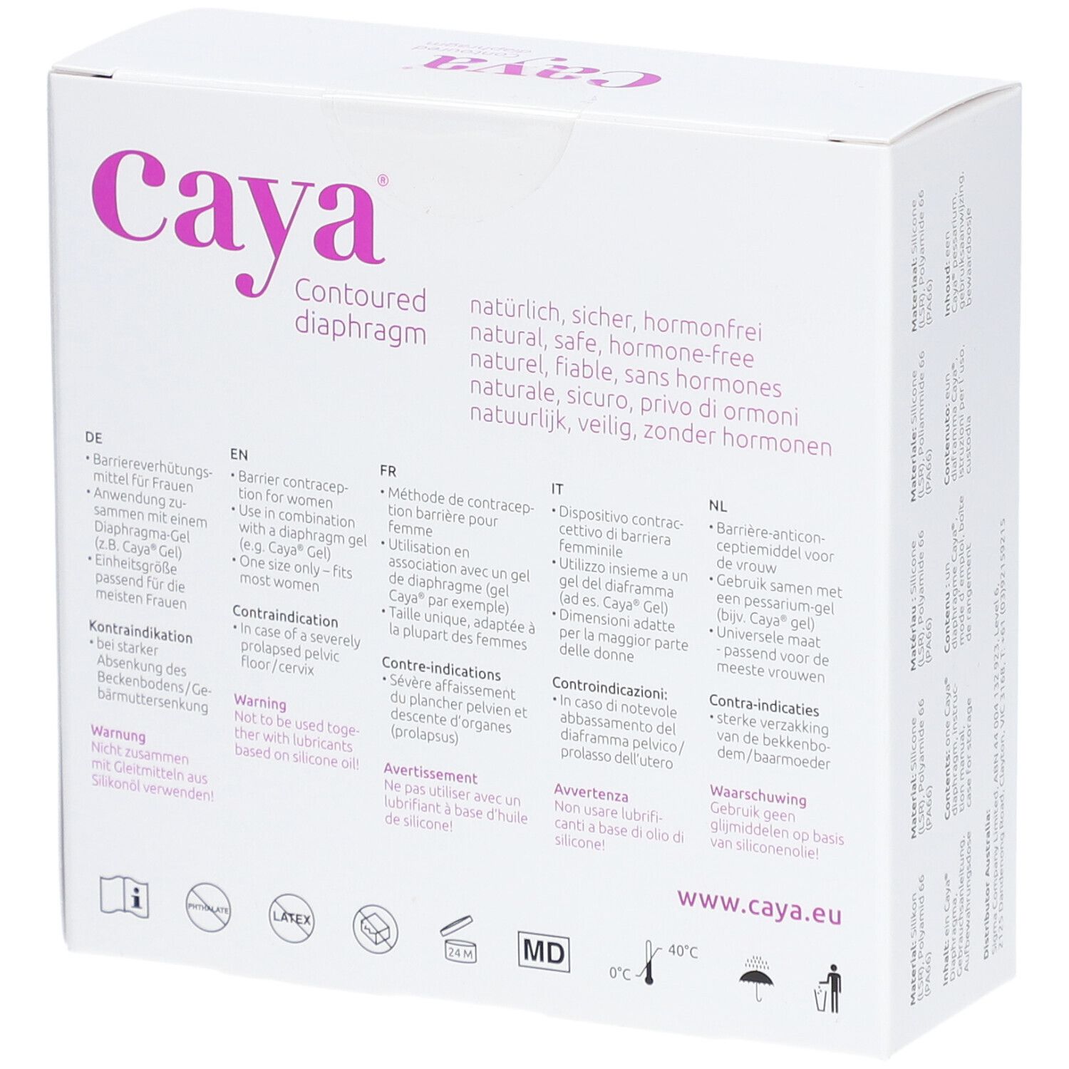 Dos de la boîte blanche avec texte multilingue. Inscription: Caya, Contoured diaphragm. Texte sur l'utilisation et les avertissements.