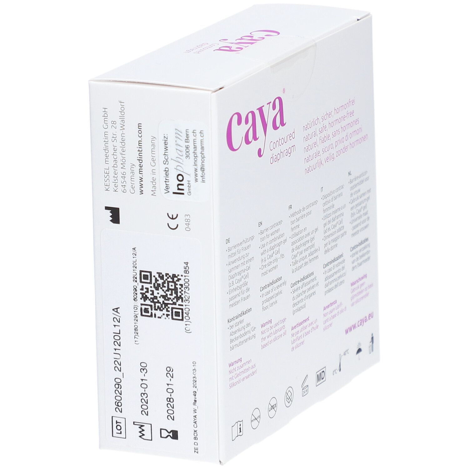 Boîte blanche avec diaphragme Caya® rose. Inscriptions: Caya, Contoured diaphragm, Medintim. Code QR et numéro de lot.