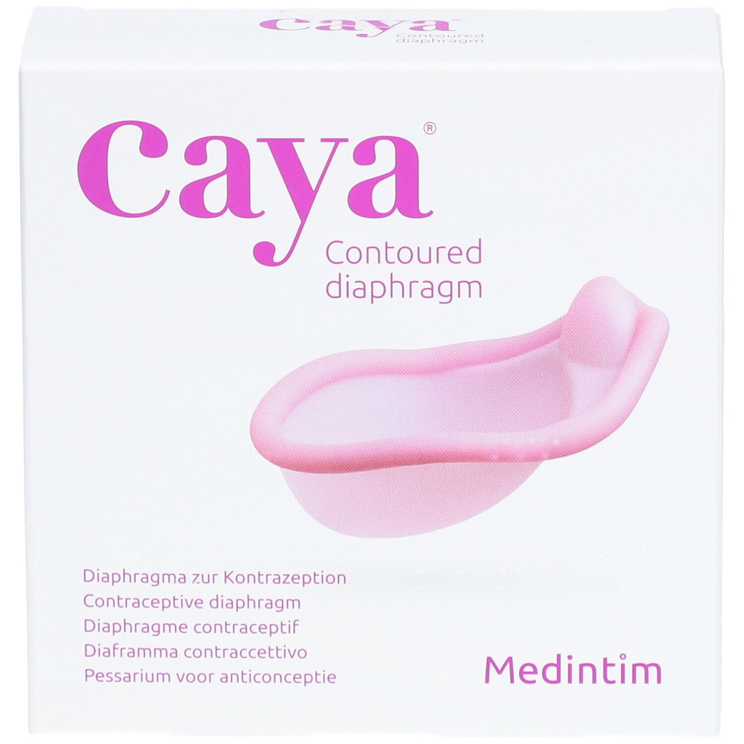 Boîte blanche avec diaphragme Caya® rose. Inscriptions: Caya, Contoured diaphragm, Diaphragme contraceptif, Medintim.