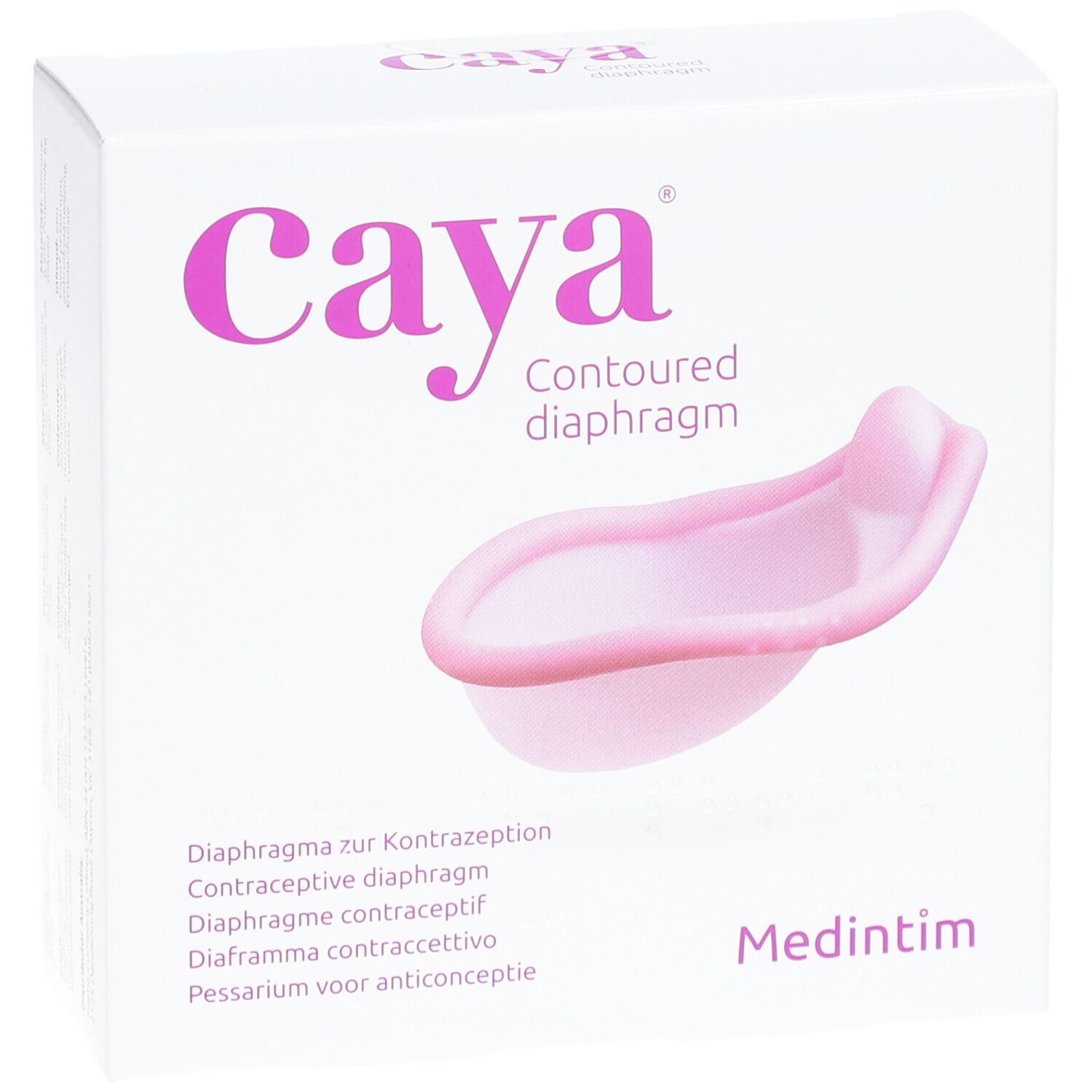 Boîte blanche avec diaphragme Caya® rose. Inscriptions: Caya, Contoured diaphragm, Diaphragme contraceptif, Medintim.