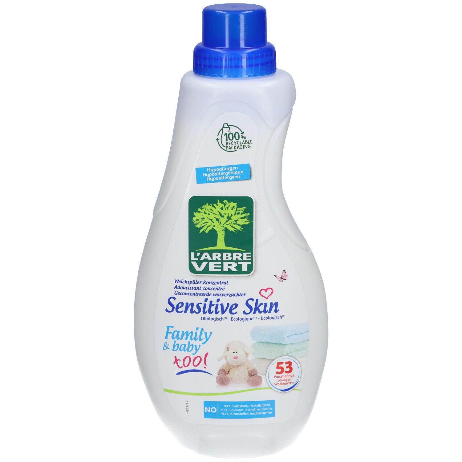 Flacon L'ARBRE VERT. Blanc, bleu. Inscription: Sensitive Skin, Family & baby too!. Produit écologique.