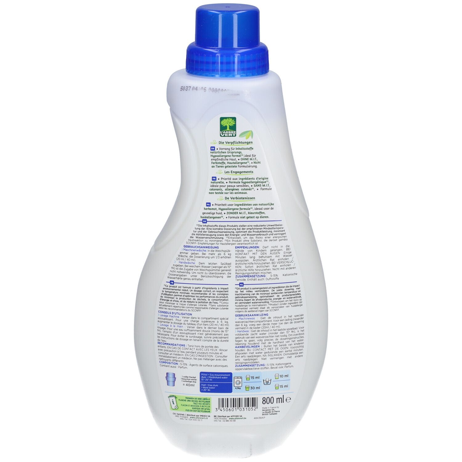 Dos du flacon L'ARBRE VERT. Blanc, bleu. Texte en allemand, français, italien, néerlandais. Produit écologique.