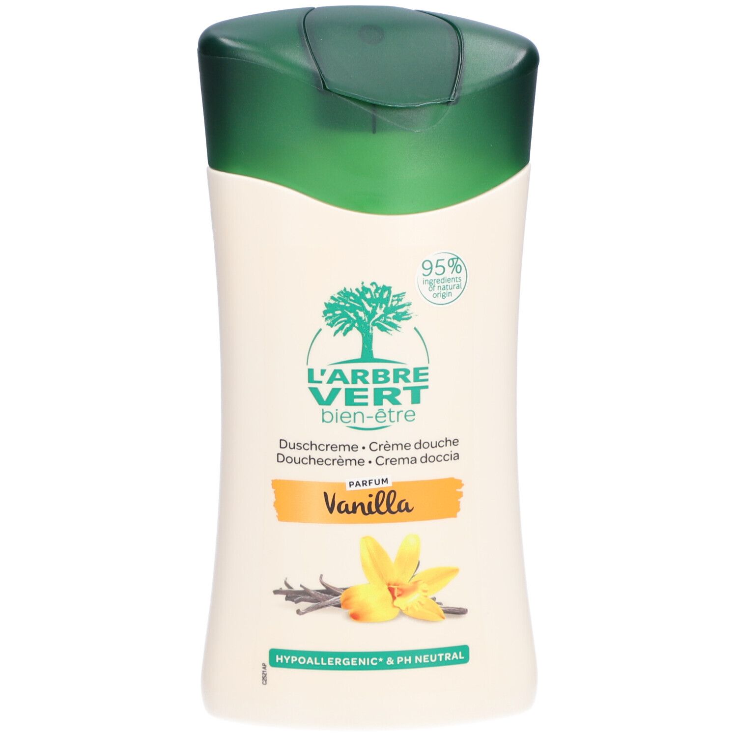 Beige Duschcreme-Flasche mit grünem Deckel. Logo mit Baum. Text: Vanille, 95% Inhaltsstoffe natürlichen Ursprungs, pH-neutral.