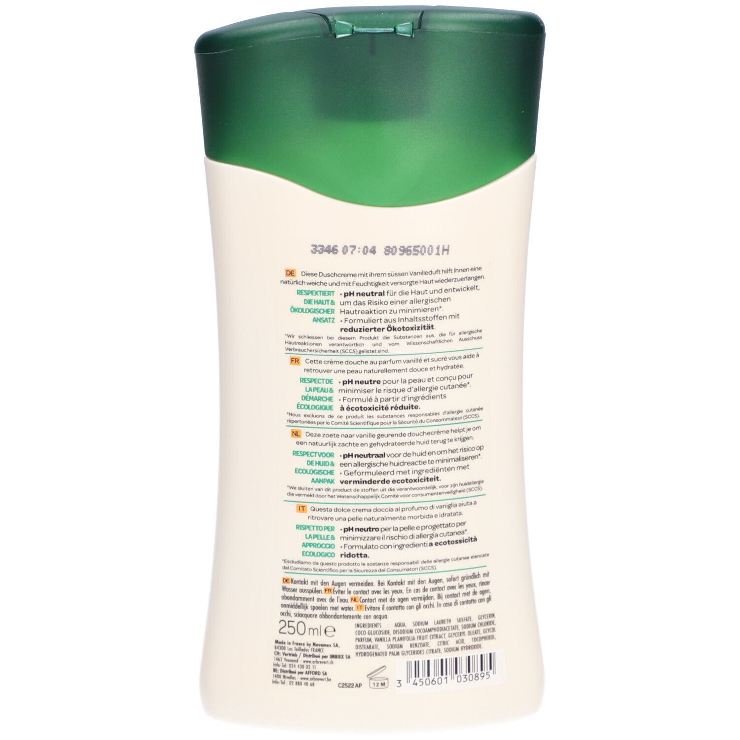 Rückseite der Duschcreme-Flasche. Text in mehreren Sprachen: pH-neutral, reduziert Allergierisiko, 250ml, Ökologisch.