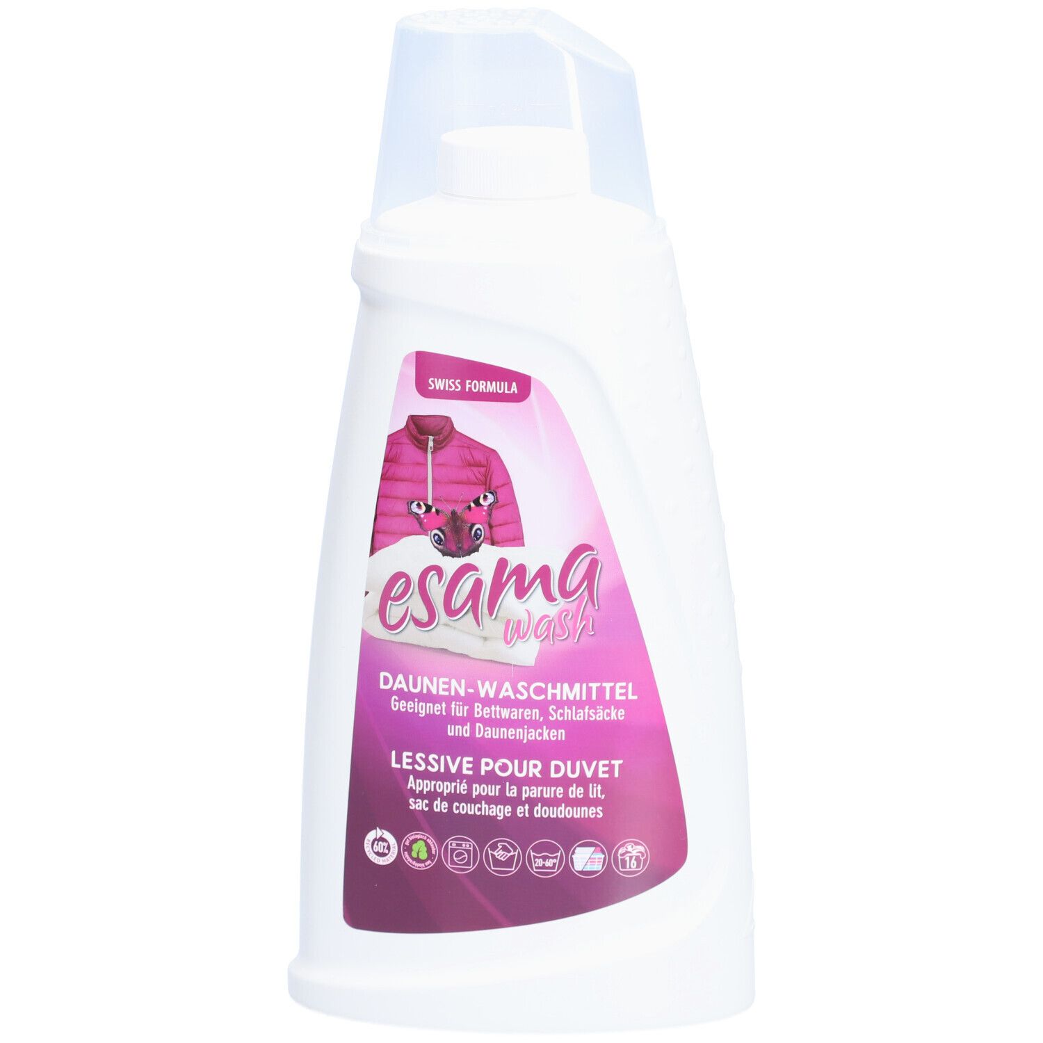 Weiße Flasche mit rosa Etikett. Esama Wash, Daunen-Waschmittel. Abbildung einer Jacke. Swiss Formula.