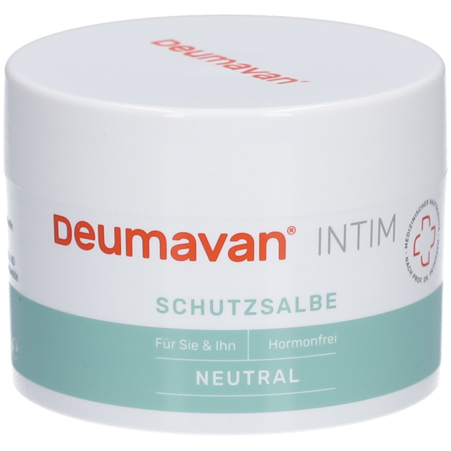 Weißer Tiegel mit grünem Streifen. Aufschrift: Deumavan, INTIM, Schutzsalbe, Neutral. Medizinischer Hautschutz.