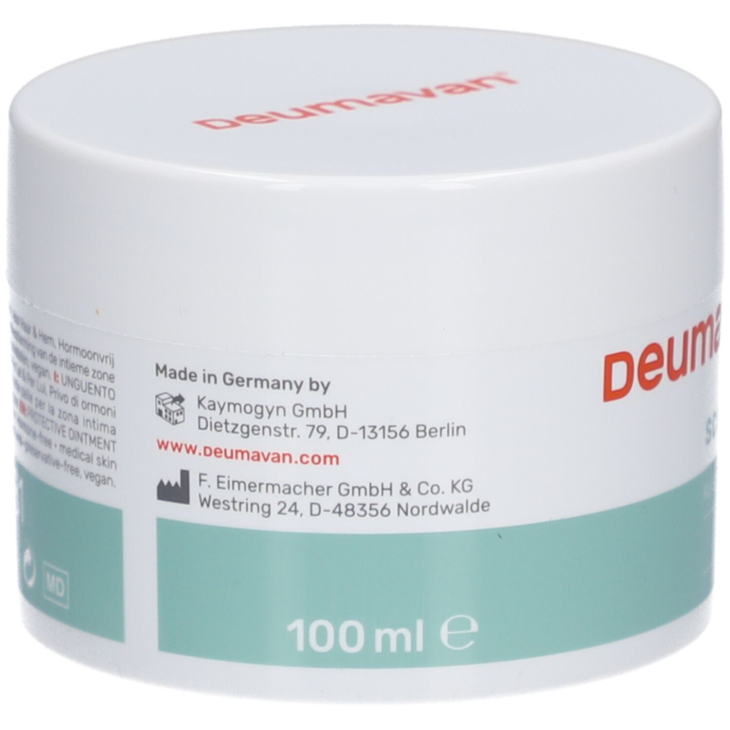 Weißer Tiegel mit grüner Banderole. Aufschrift: Deumavan, 100 ml. Text in mehreren Sprachen. Herstellerinformationen.