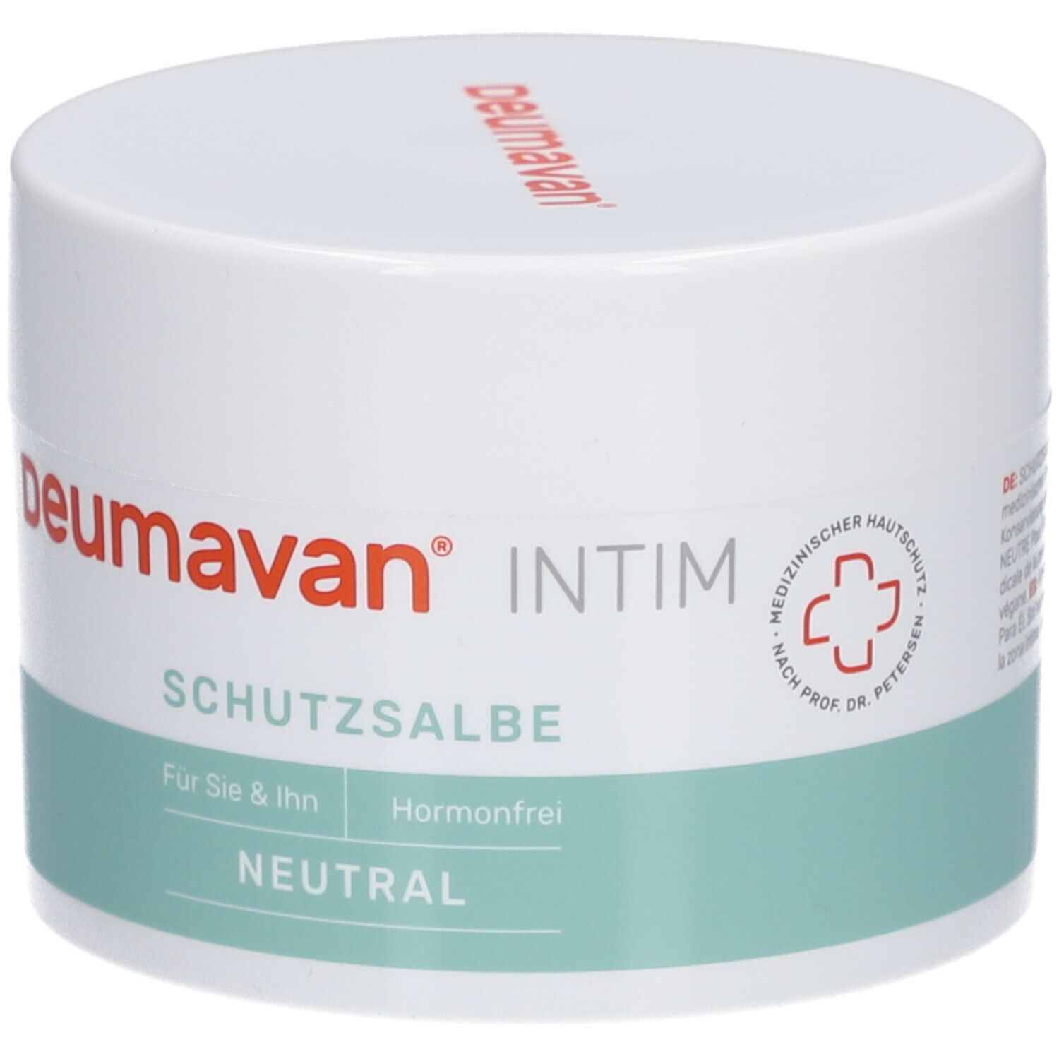 Weißer Tiegel mit grüner Banderole. Aufschrift: Deumavan, INTIM, Schutzsalbe, Neutral. Medizinischer Hautschutz.