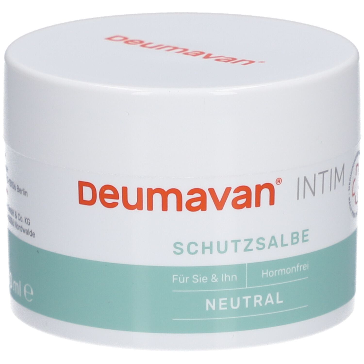 Weißer Tiegel mit grüner Banderole. Aufschrift: Deumavan, INTIM, Schutzsalbe, Neutral. Medizinischer Hautschutz.