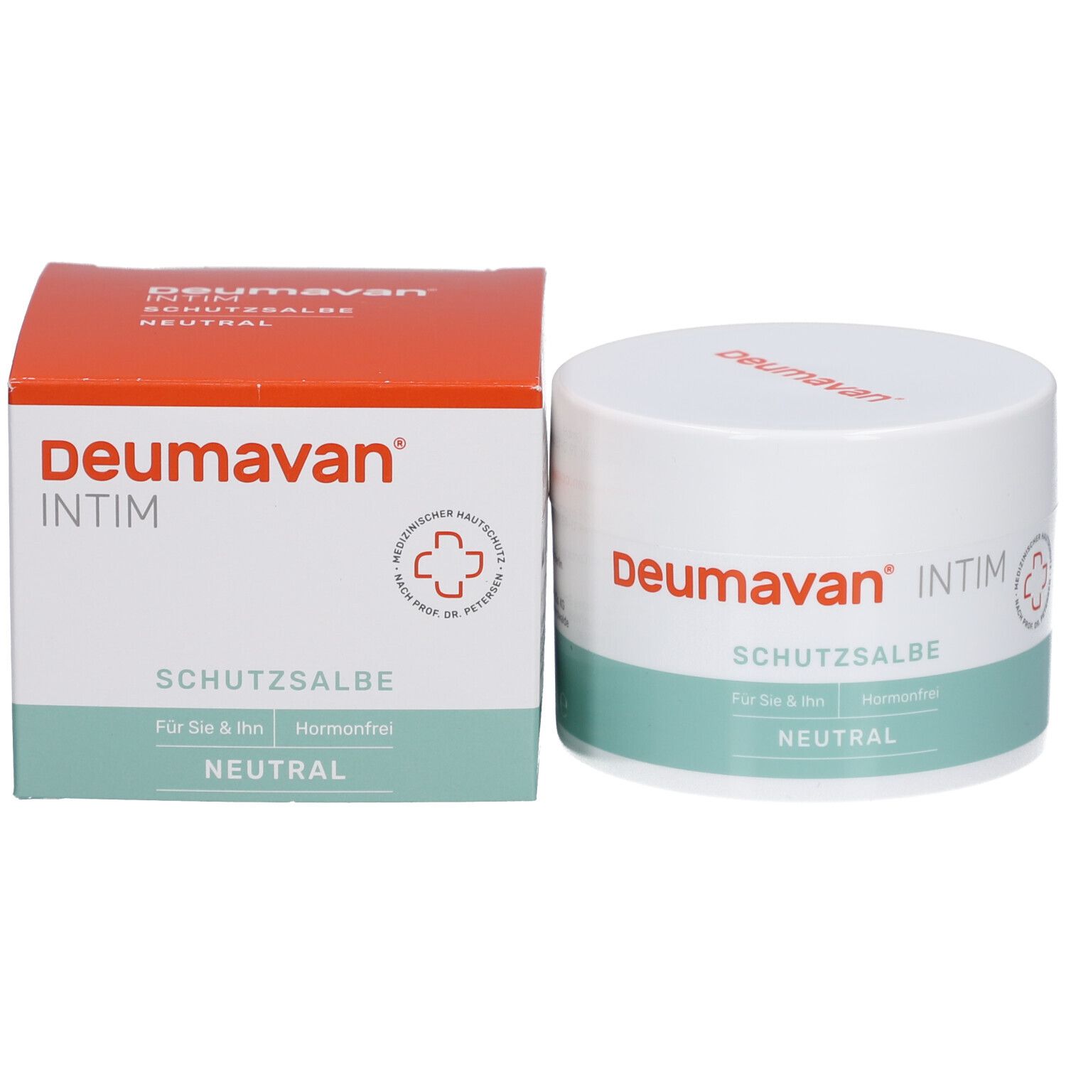 Produktverpackung: Tiegel und Schachtel. Aufschrift: Deumavan, INTIM, Schutzsalbe, Neutral. Medizinischer Hautschutz.