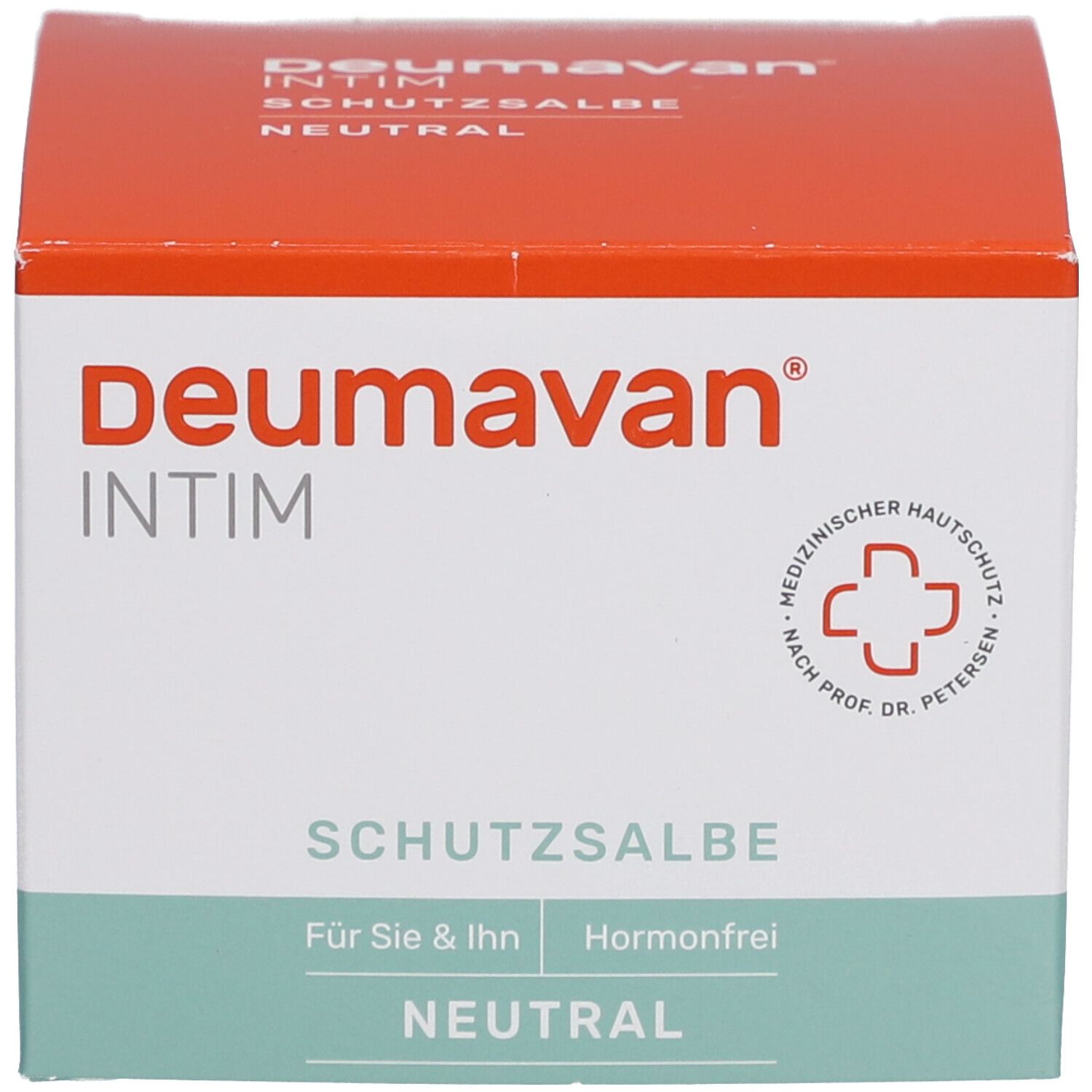 Produktverpackung: Schachtel. Aufschrift: Deumavan, INTIM, Schutzsalbe, Neutral. Medizinischer Hautschutz.