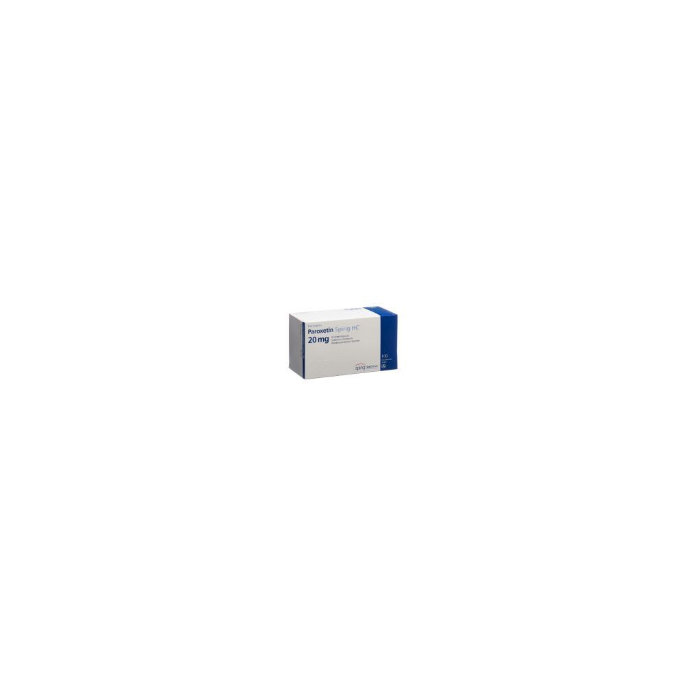 Karton PAROXETIN Spirig HC Filmtabl 20 mg. Weiß, blau und grau. Schriftzug: PAROXETIN Spirig HC, 20 mg.