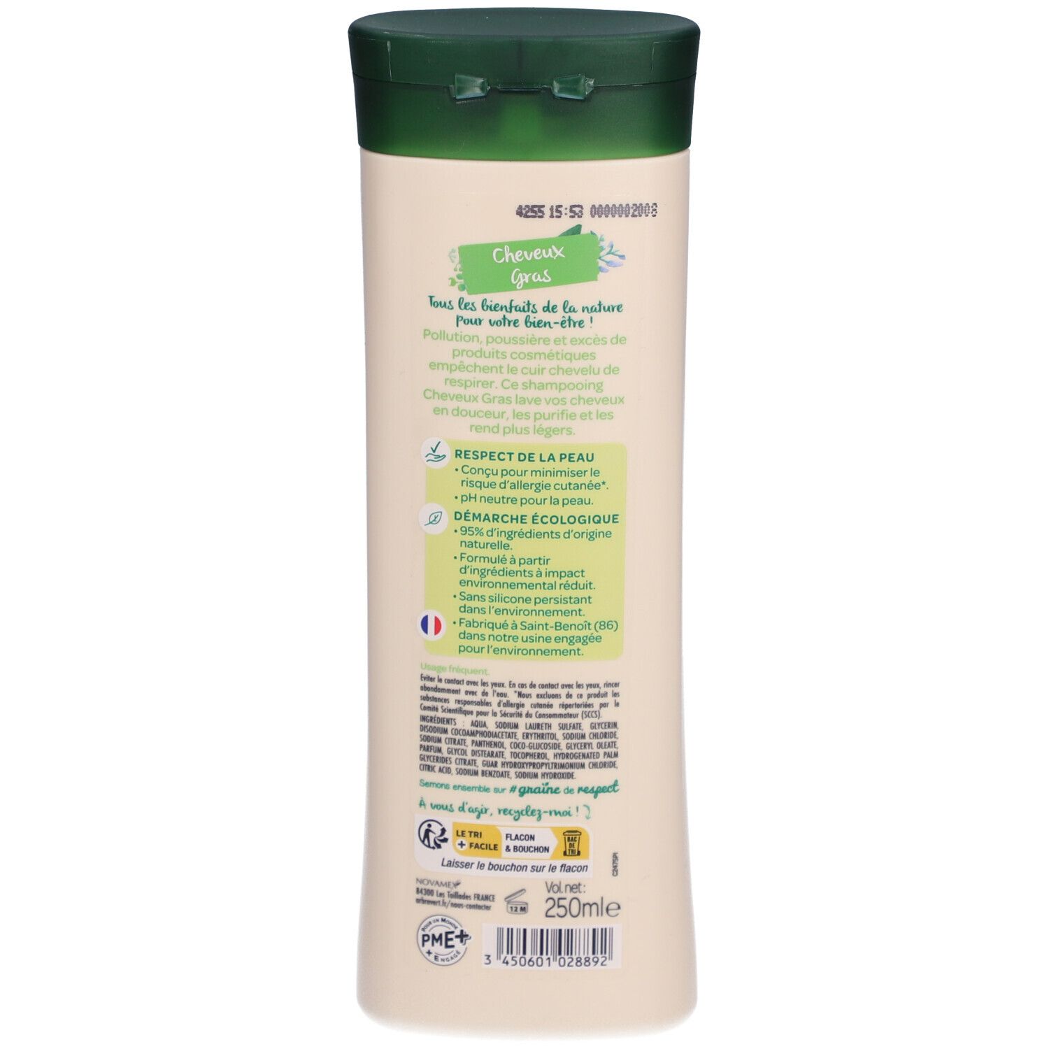 Dos du flacon de shampooing. Texte: Cheveux Gras, ingrédients, label écologique, 95% ingrédients d'origine naturelle, sans silicone, fabriqué en France.