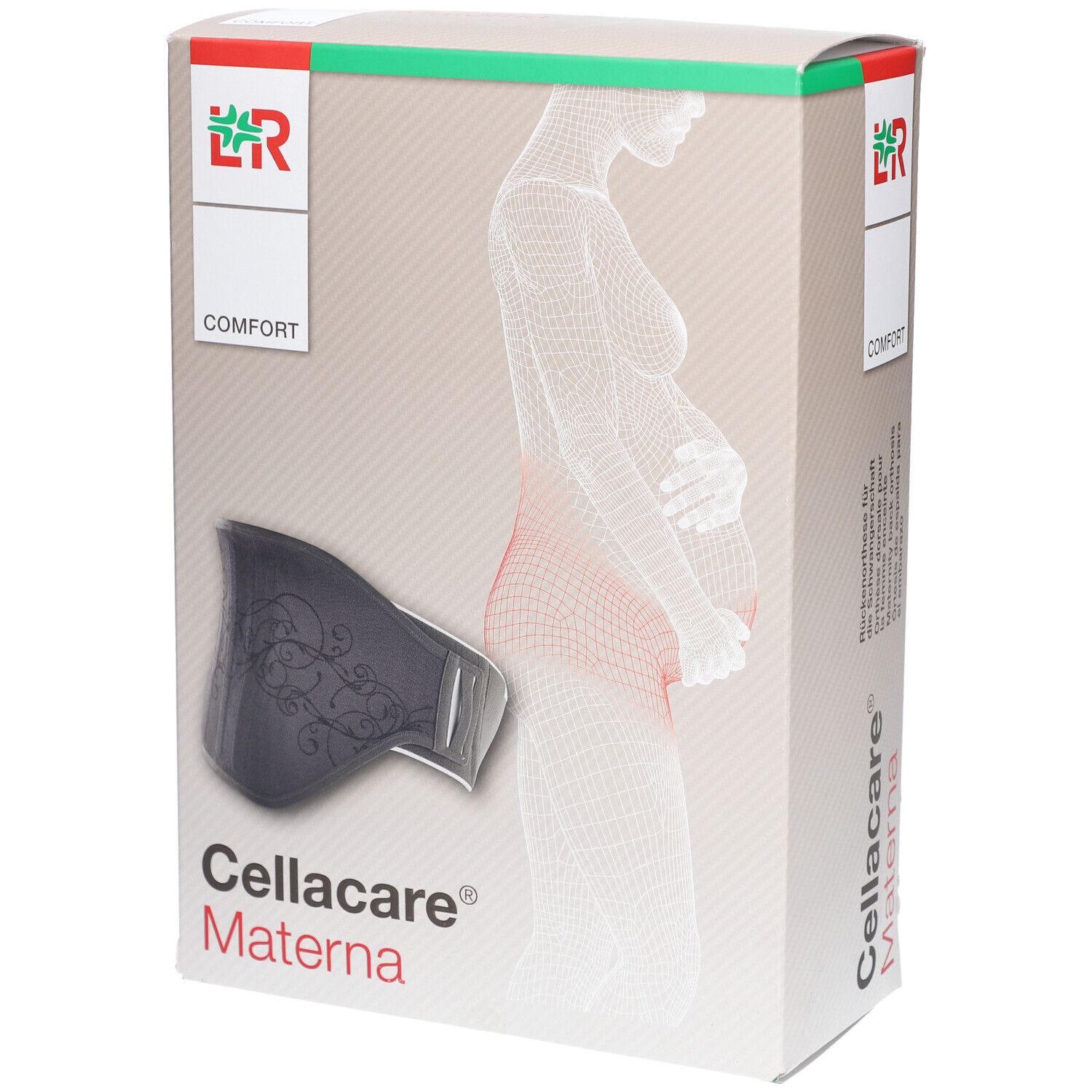 Verpackung von Cellacare Materna Comfort. Aufdruck: Umriss einer schwangeren Frau, Produktabbildung, Logo, Schriftzug.