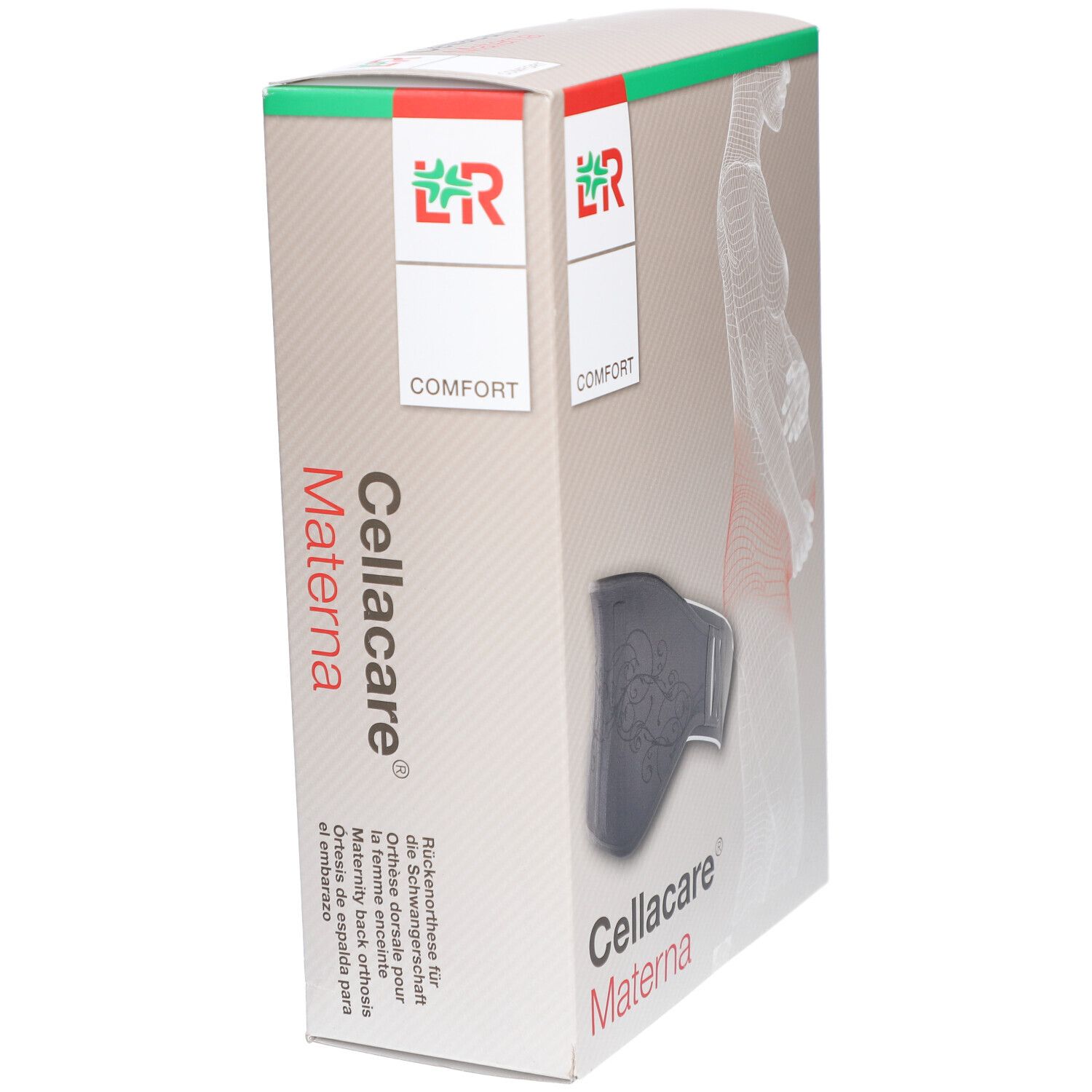 Verpackung von Cellacare Materna Comfort. Produktabbildung, Logo, Schriftzug. Text in Deutsch, Englisch, Spanisch.