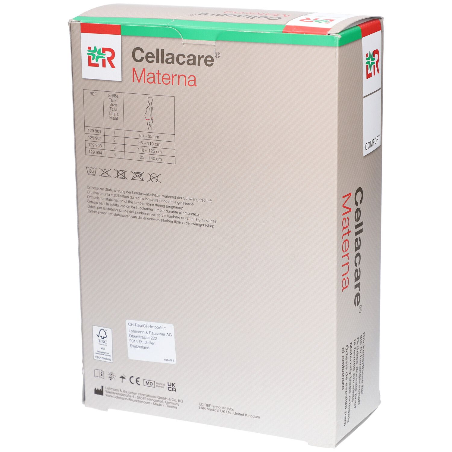 Verpackung von Cellacare Materna Comfort. Rückseite mit Produktinformationen, Größenangaben, Logo, Schriftzug.