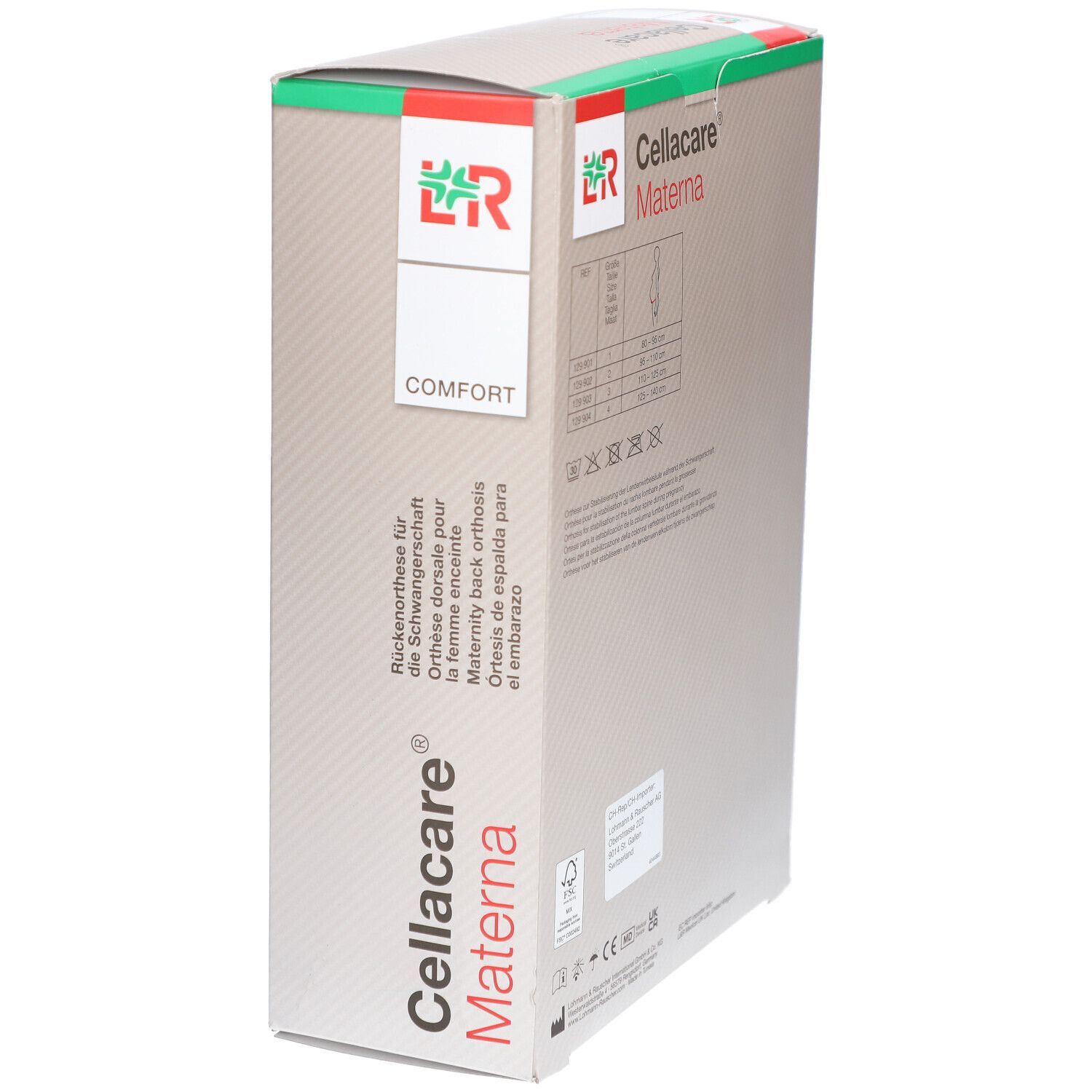 Verpackung von Cellacare Materna Comfort. Rückseite mit Produktinformationen, Größenangaben, Logo, Schriftzug.
