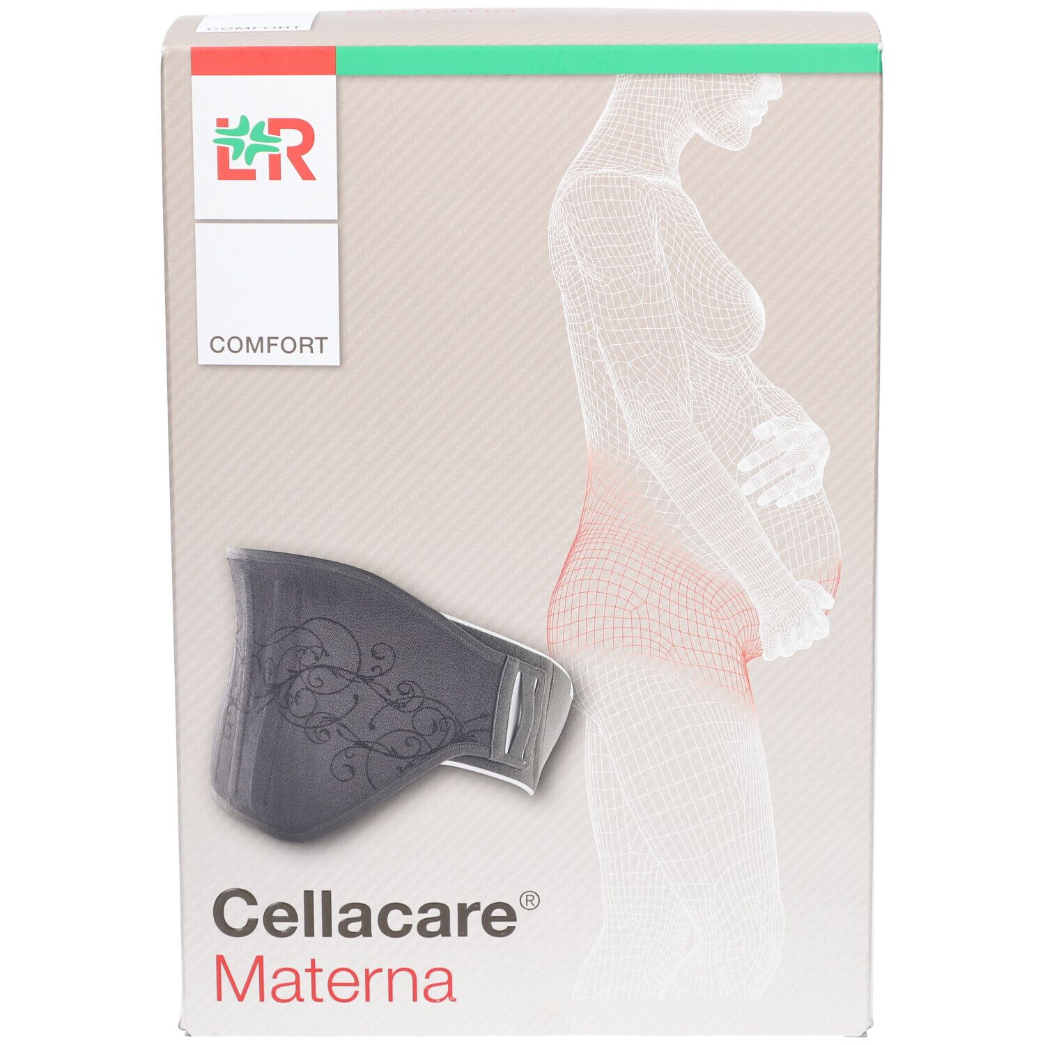 Verpackung von Cellacare Materna Comfort. Aufdruck: Umriss einer schwangeren Frau, Produktabbildung, Logo, Schriftzug.