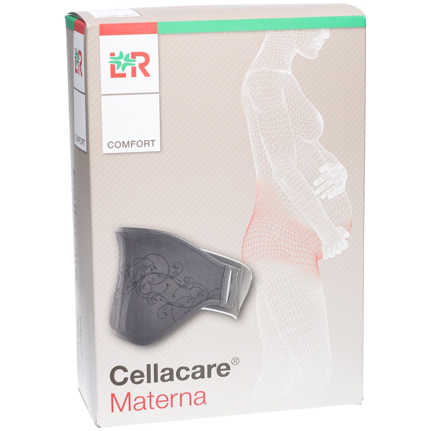 Verpackung von Cellacare Materna Comfort. Aufdruck: Umriss einer schwangeren Frau, Produktabbildung, Logo, Schriftzug.