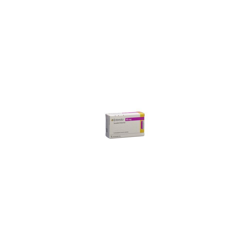 Schachtel mit Medikamenten. Aufschrift: Entresto 50 mg. Packung mit 56 Tabletten.