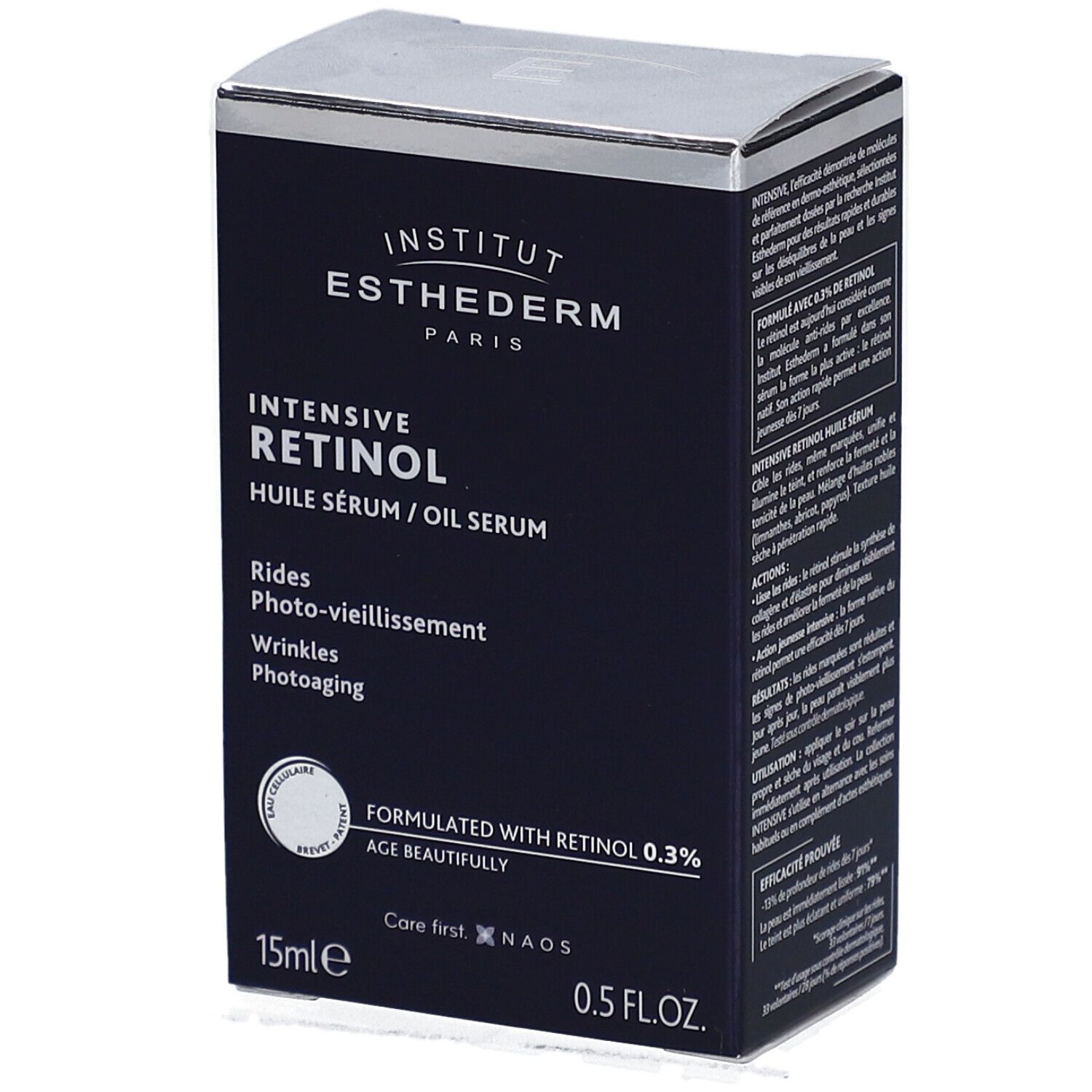 Dunkelblaue Schachtel. INSTITUT ESTHEDERM, Intensive Retinol Öl Serum. Text: RIDES, Photo-vieillissement, Wrinkles, Photoaging. 15ml, 0.5 FL.OZ.