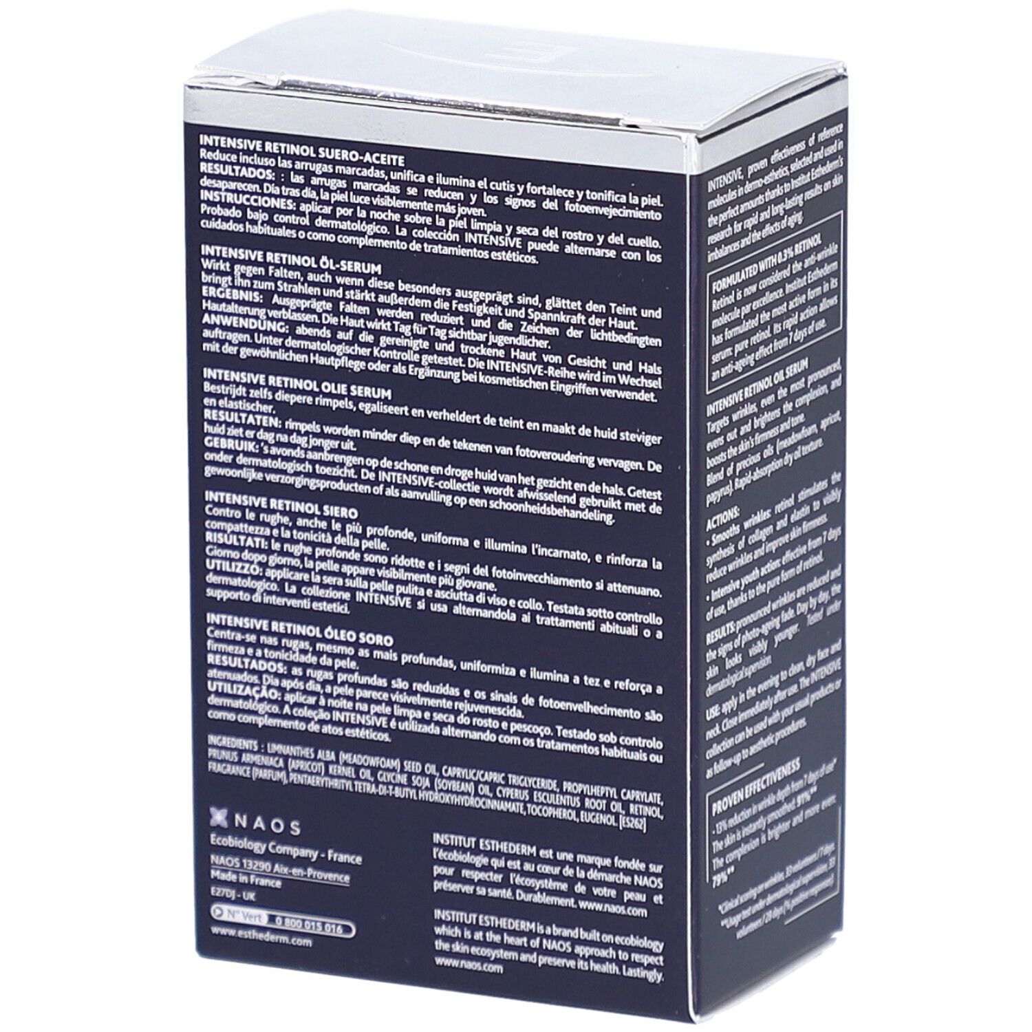 Dunkelblaue Schachtel mit Text. INSTITUT ESTHEDERM, Intensive Retinol Öl Serum. Text in Deutsch, Französisch, Italienisch, Spanisch.