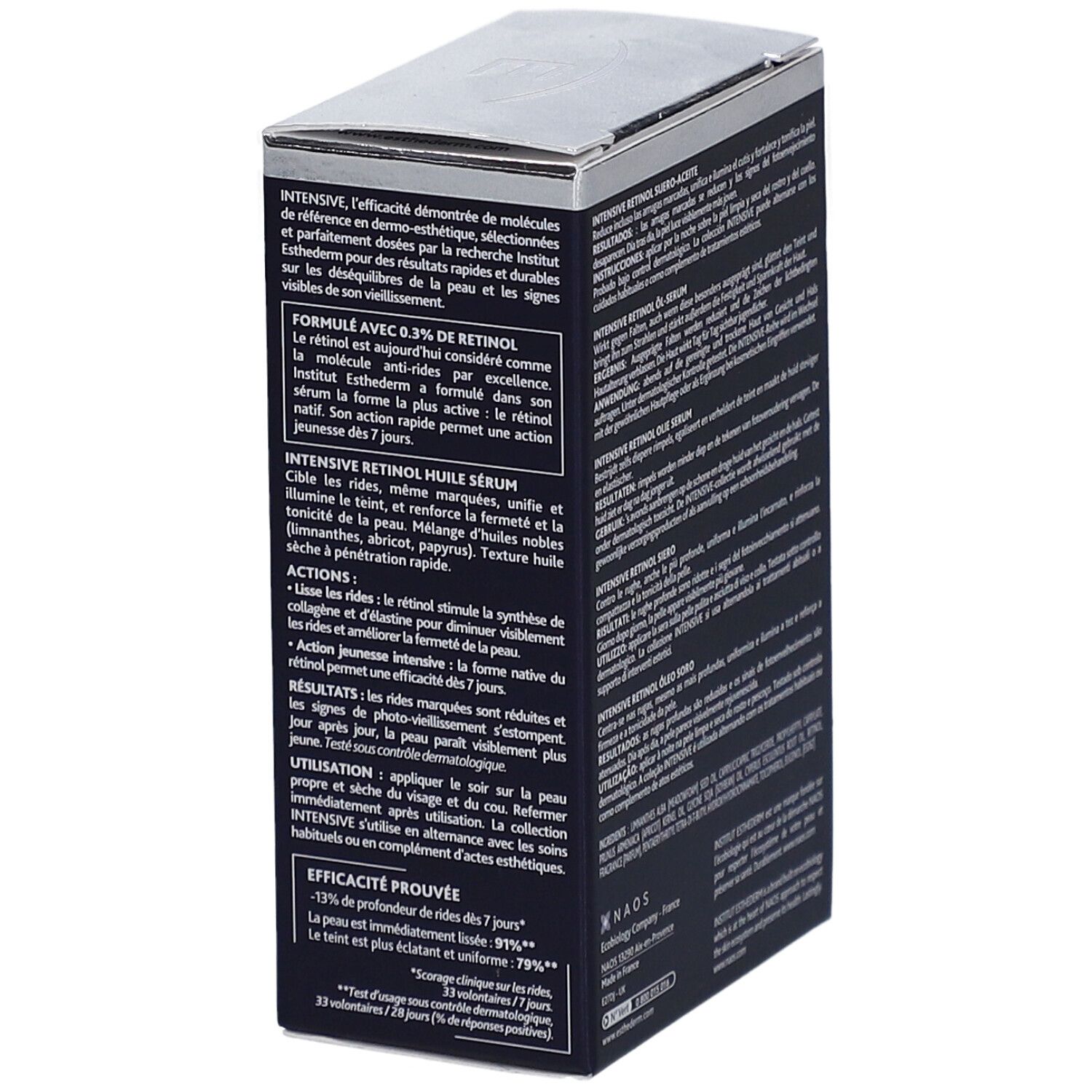 Dunkelblaue Schachtel mit Text. INSTITUT ESTHEDERM, Intensive Retinol Öl Serum. Text in Französisch. 15ml, 0.5 FL.OZ.