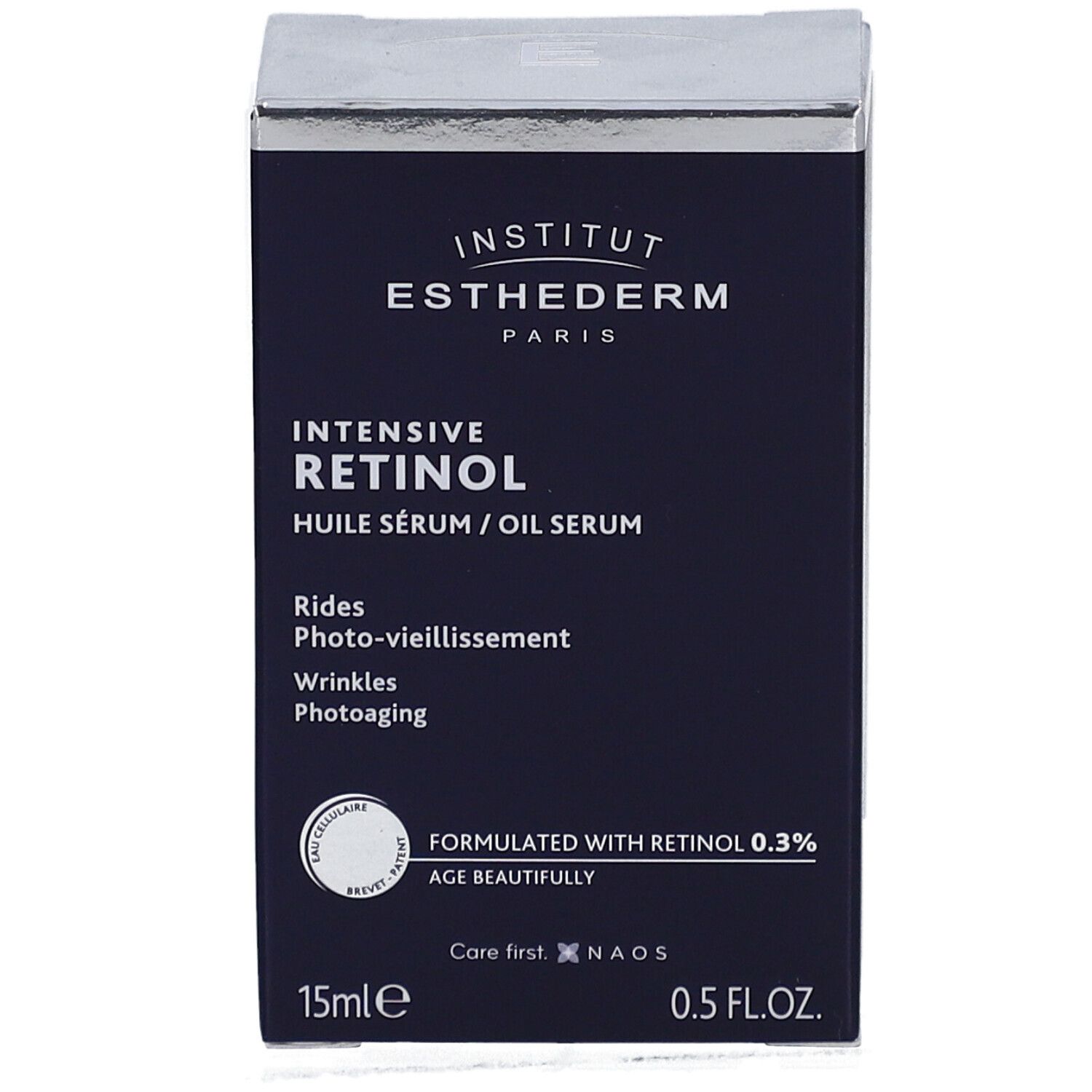 Dunkelblaue Schachtel. INSTITUT ESTHEDERM, Intensive Retinol Öl Serum. Text: RIDES, Photo-vieillissement, Wrinkles, Photoaging. 15ml, 0.5 FL.OZ.