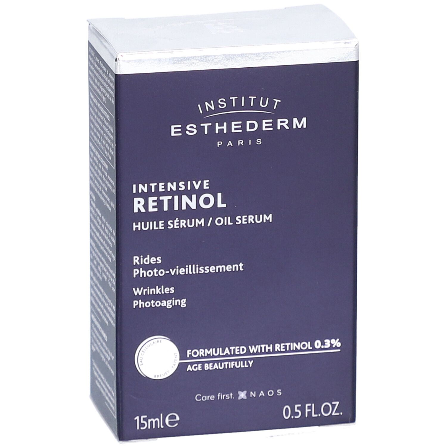 Dunkelblaue Schachtel. INSTITUT ESTHEDERM, Intensive Retinol Öl Serum. Text: RIDES, Photo-vieillissement, Wrinkles, Photoaging. 15ml, 0.5 FL.OZ.