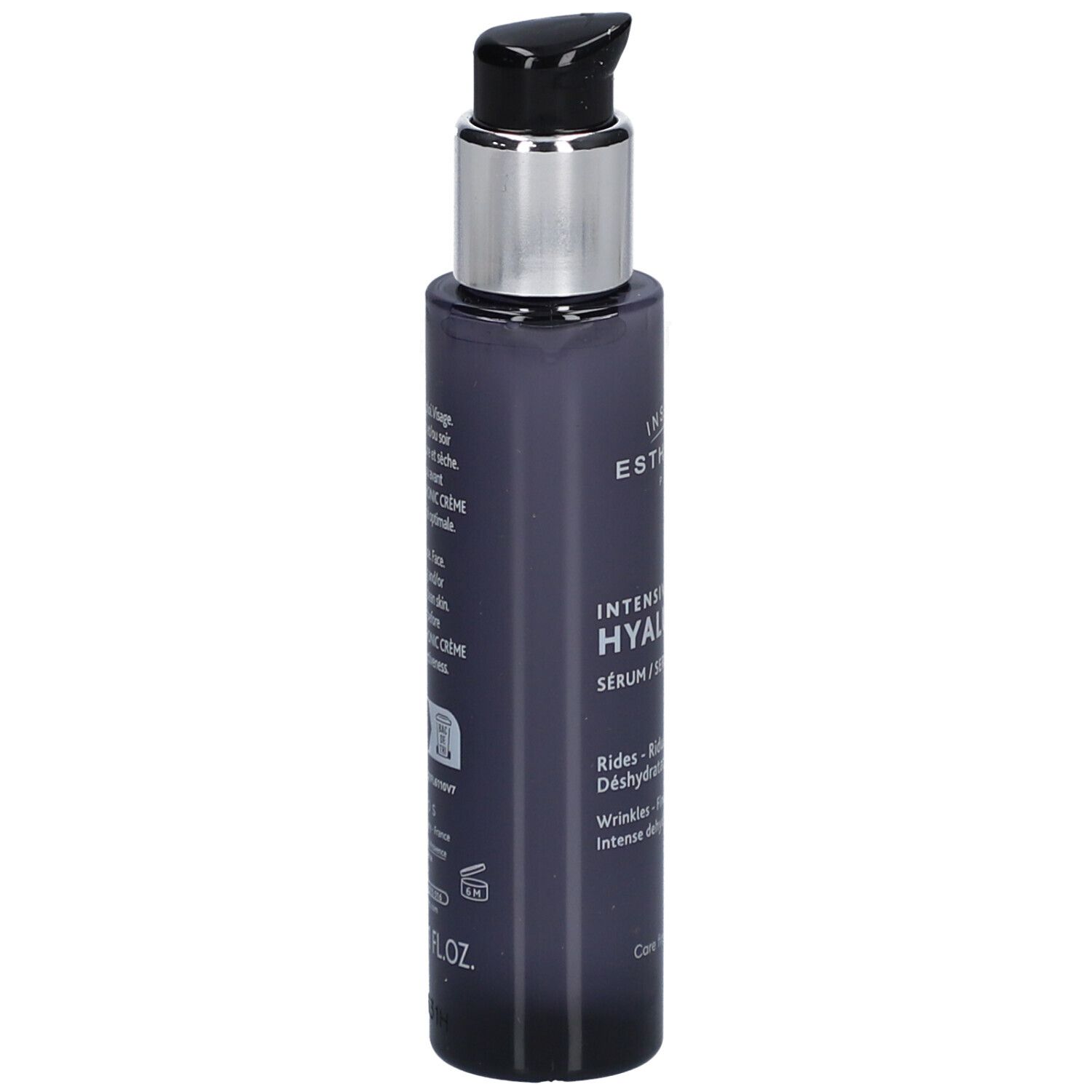 Dunkelgraue Flasche mit silbernem Pumpkopf. Aufschrift: INSTITUT ESTHEDERM PARIS, INTENSIVE HYALURONIC Sérum.