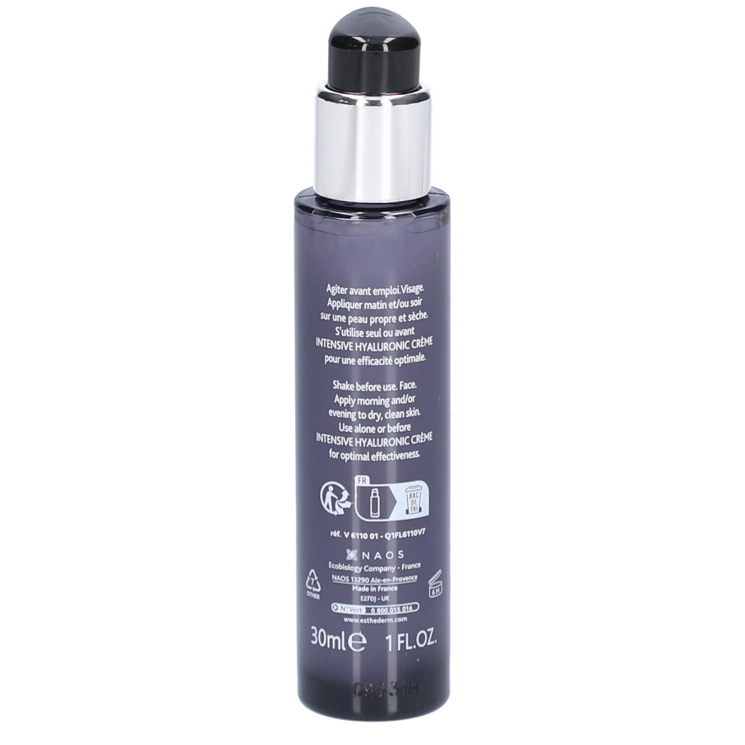 Dunkelgraue Flasche mit silbernem Pumpkopf. Aufschrift: INSTITUT ESTHEDERM PARIS, INTENSIVE HYALURONIC Sérum. Rückseite mit Text.