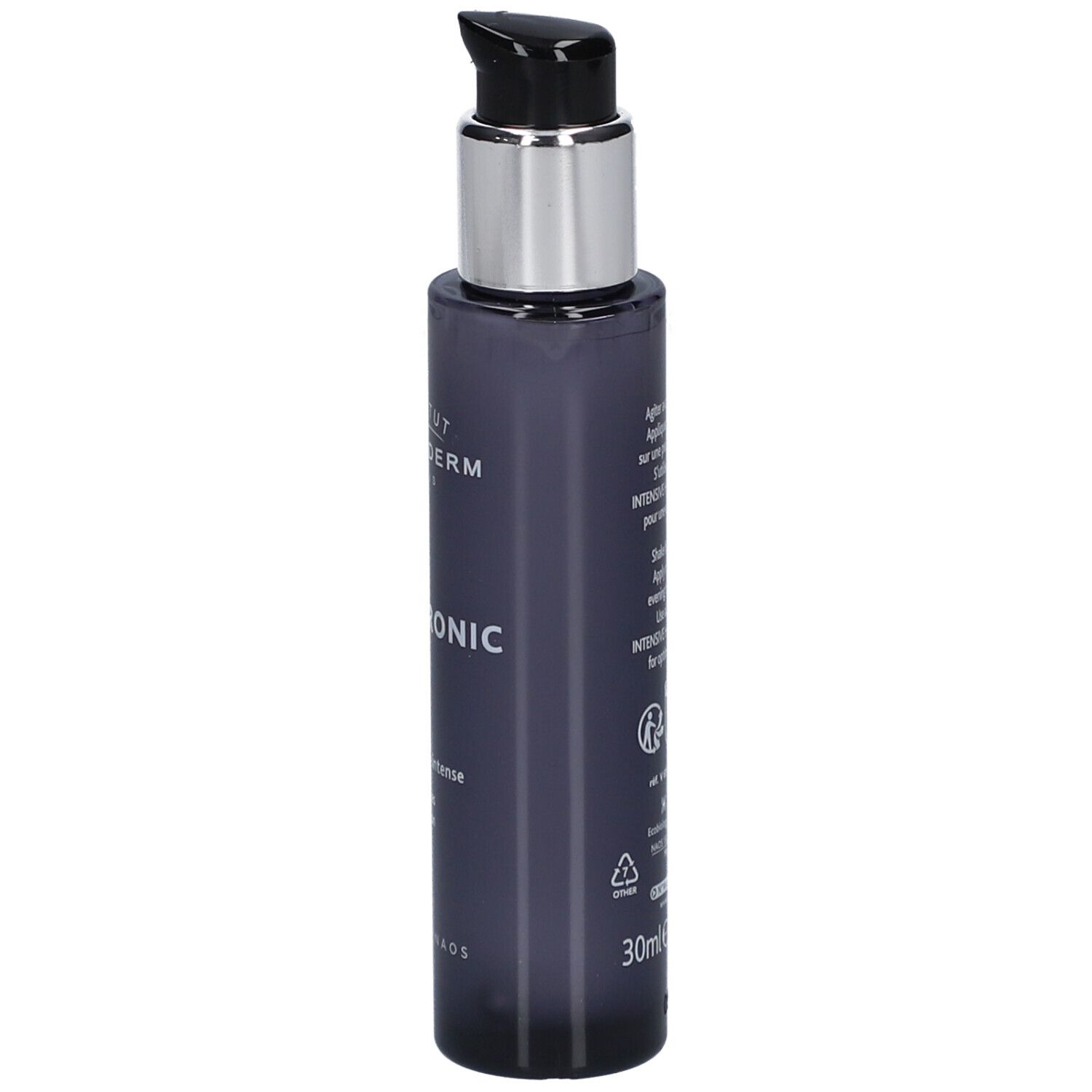 Dunkelgraue Flasche mit silbernem Pumpkopf. Aufschrift: INSTITUT ESTHEDERM PARIS, INTENSIVE HYALURONIC Sérum.