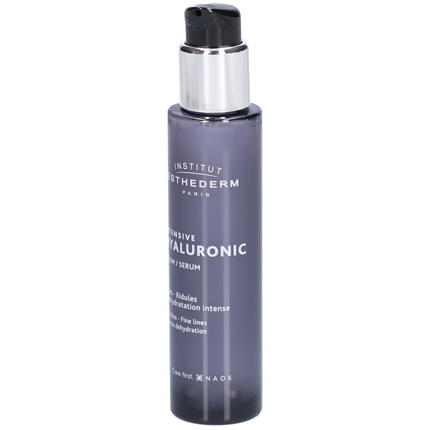 Dunkelgraue Flasche mit silbernem Pumpkopf. Aufschrift: INSTITUT ESTHEDERM PARIS, INTENSIVE HYALURONIC Sérum.