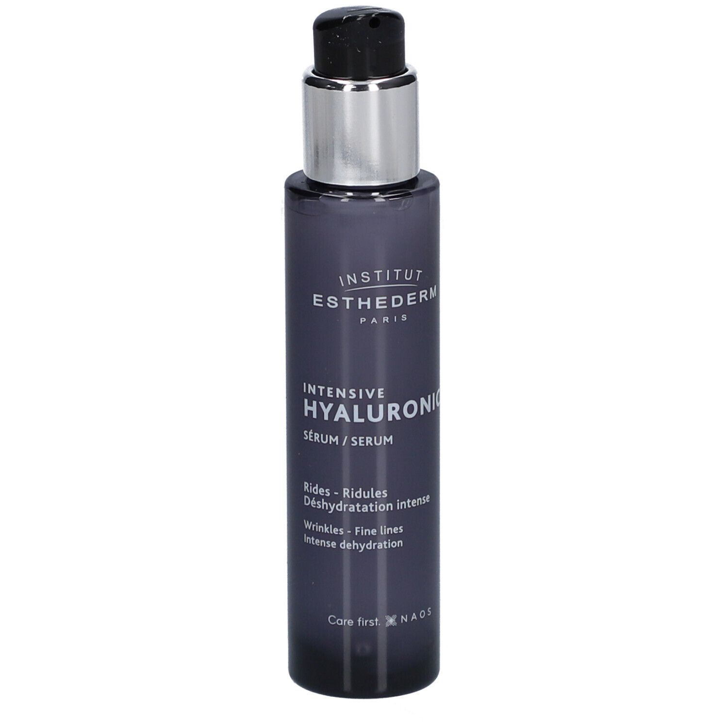 Dunkelgraue Flasche mit silbernem Pumpkopf. Aufschrift: INSTITUT ESTHEDERM PARIS, INTENSIVE HYALURONIC Sérum.