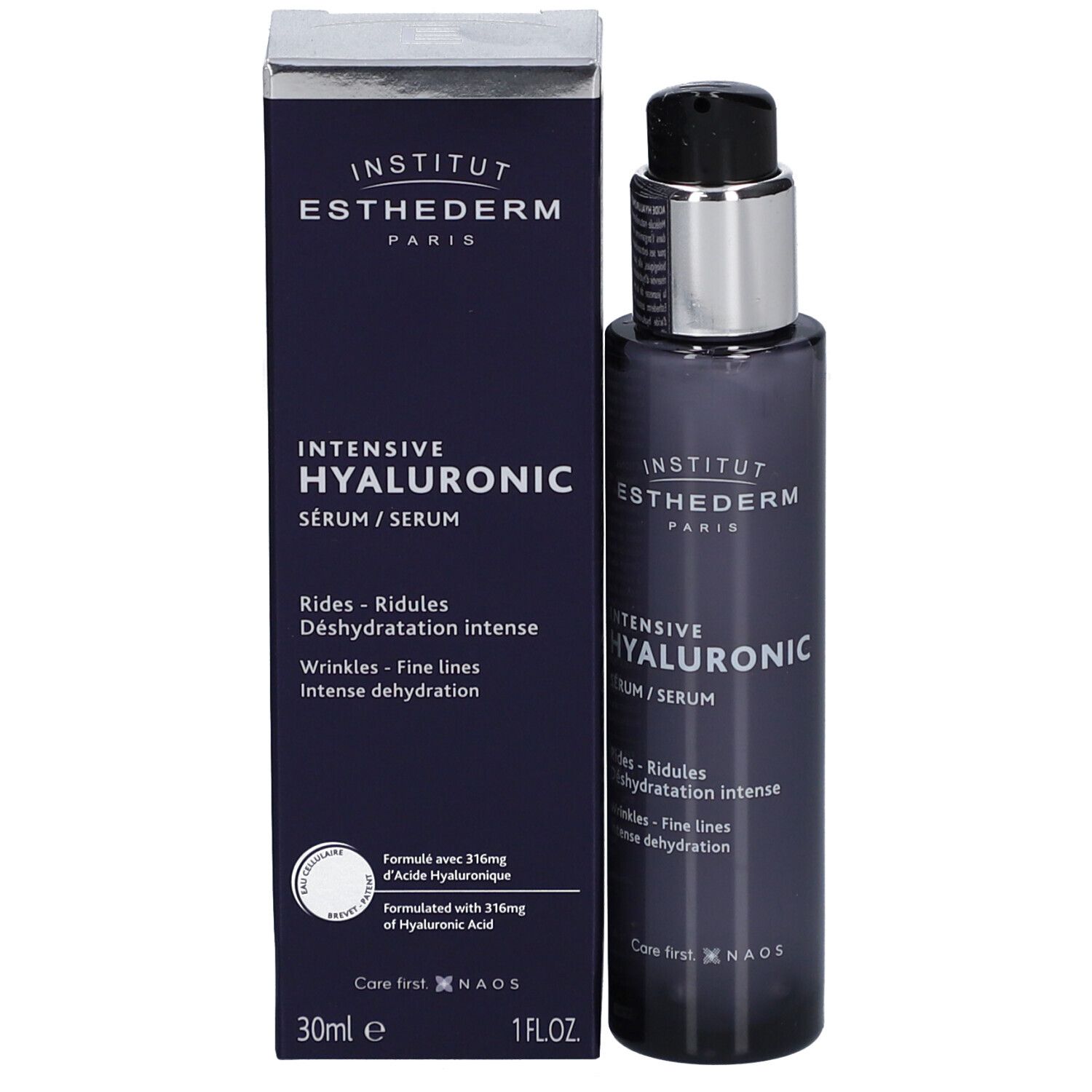 Produktflasche und Verpackung. Aufschrift: INSTITUT ESTHEDERM PARIS, INTENSIVE HYALURONIC Sérum. 30ml, 1 FL.OZ.