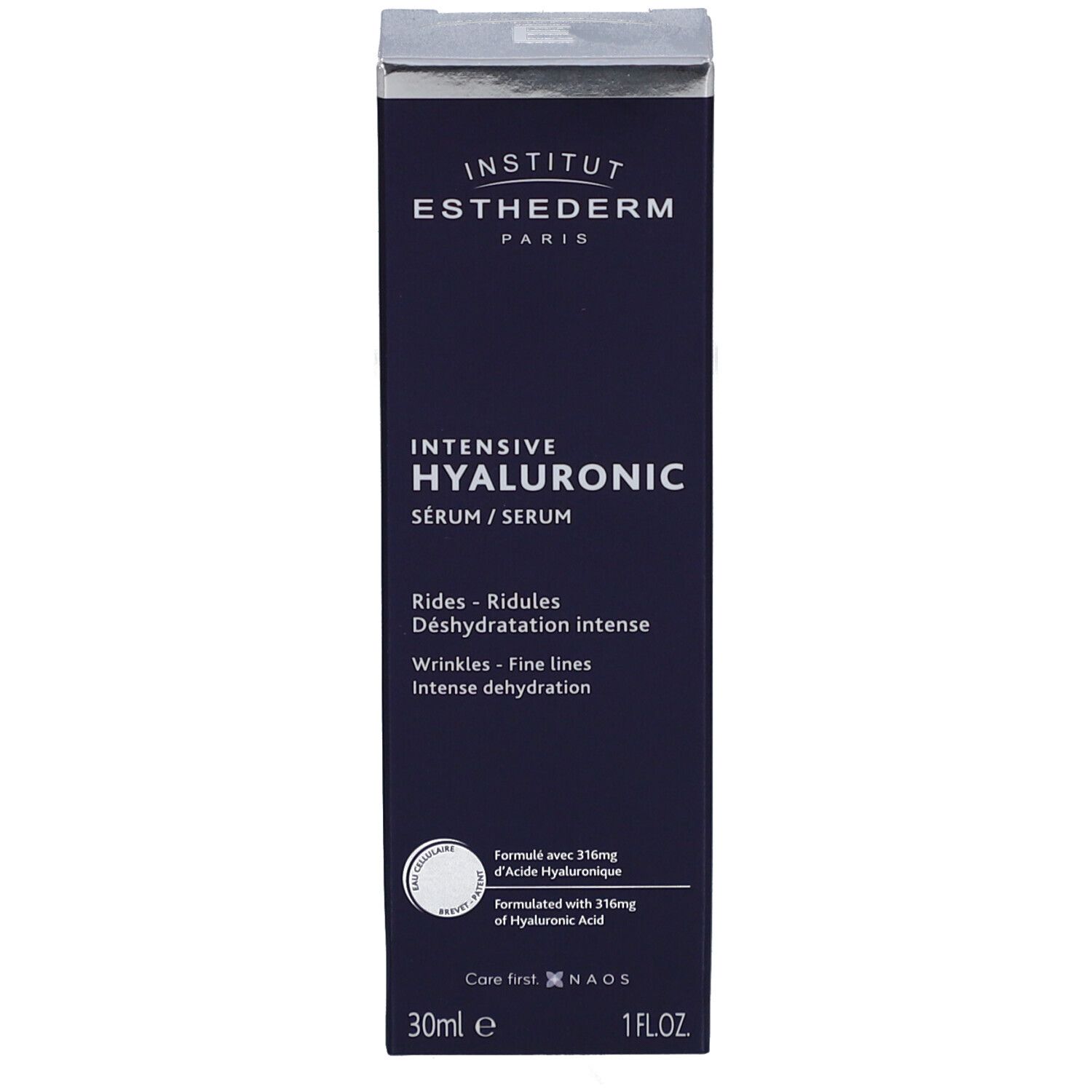 Verpackung. Aufschrift: INSTITUT ESTHEDERM PARIS, INTENSIVE HYALURONIC Sérum. 30ml, 1 FL.OZ.